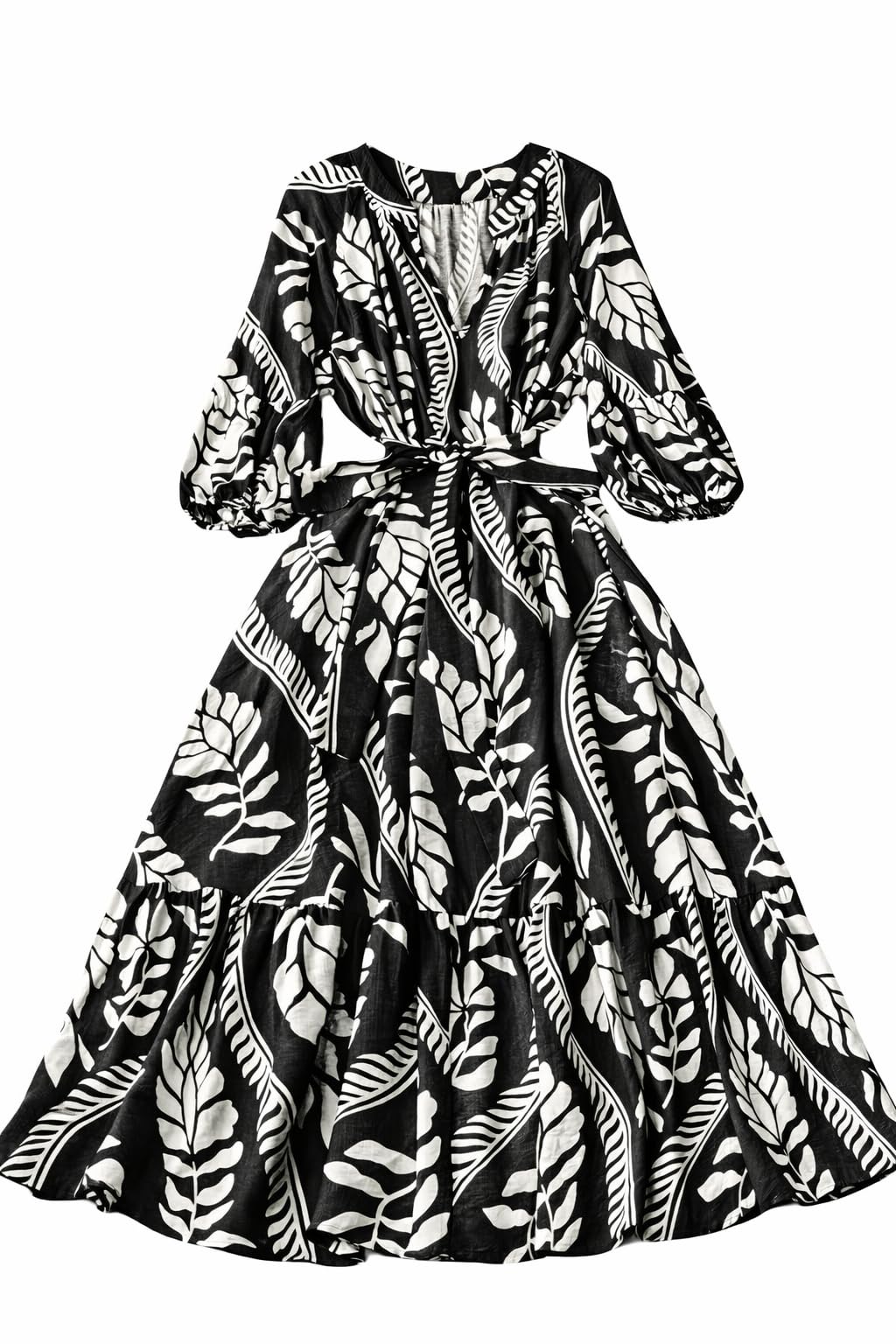 otabu | Dress for Women | Elegant 3/4 Sleeve | Leaf Print Cotton Dress | Flowy Tiered Hem | Belted Waist-picture-9