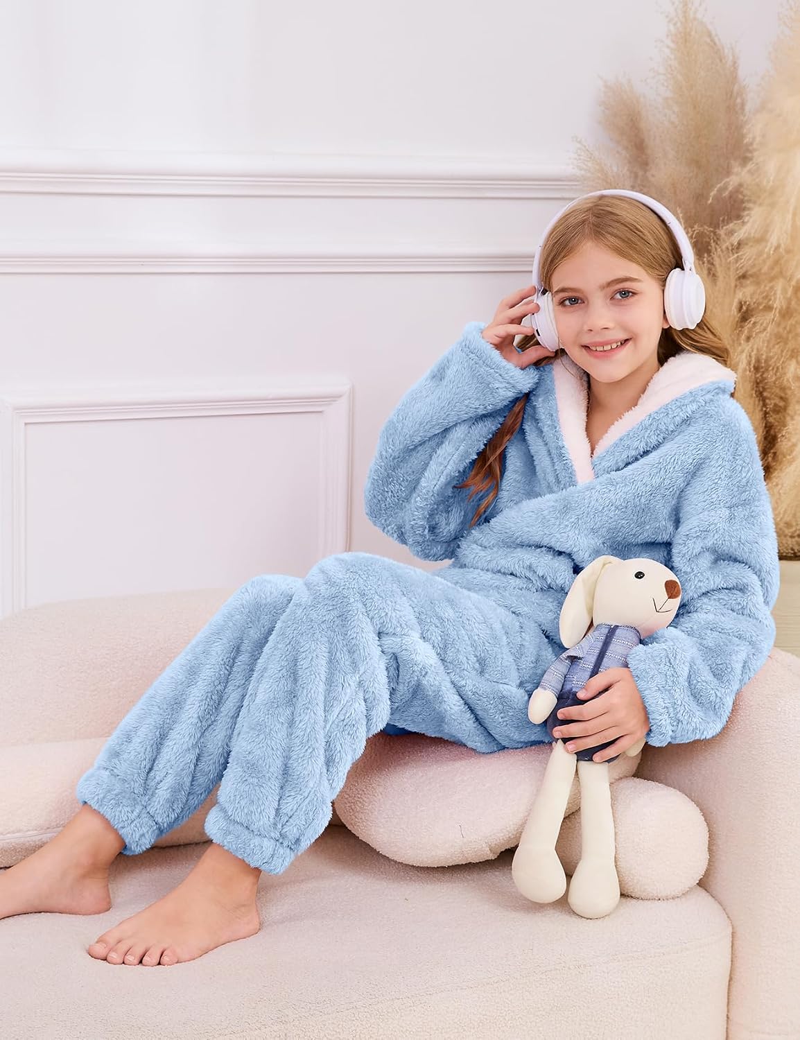 Kissonic Girls Fuzzy Pants Set Lapel Collar Pullover Fluffy Sweatshirt Fleece Pants Sweatsuit 2 Piece Outfits(Blue-XS)