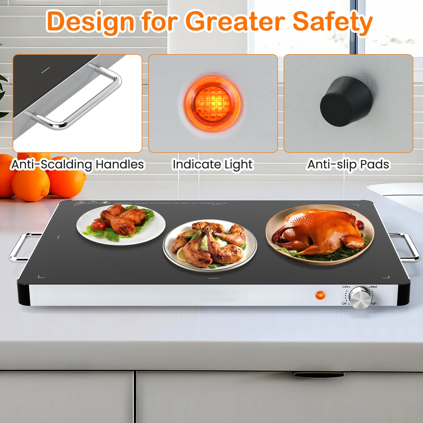 SOARS Chauffe Plat Électrique 400 W, Buffet Chauffant Température Réglable de 30-120℃, Plateau 52 X 39 CM, avec Poignée Cool-Touch, Surface en Verre Trempé, pour Diverses Tablewar, Maison, Fêtes