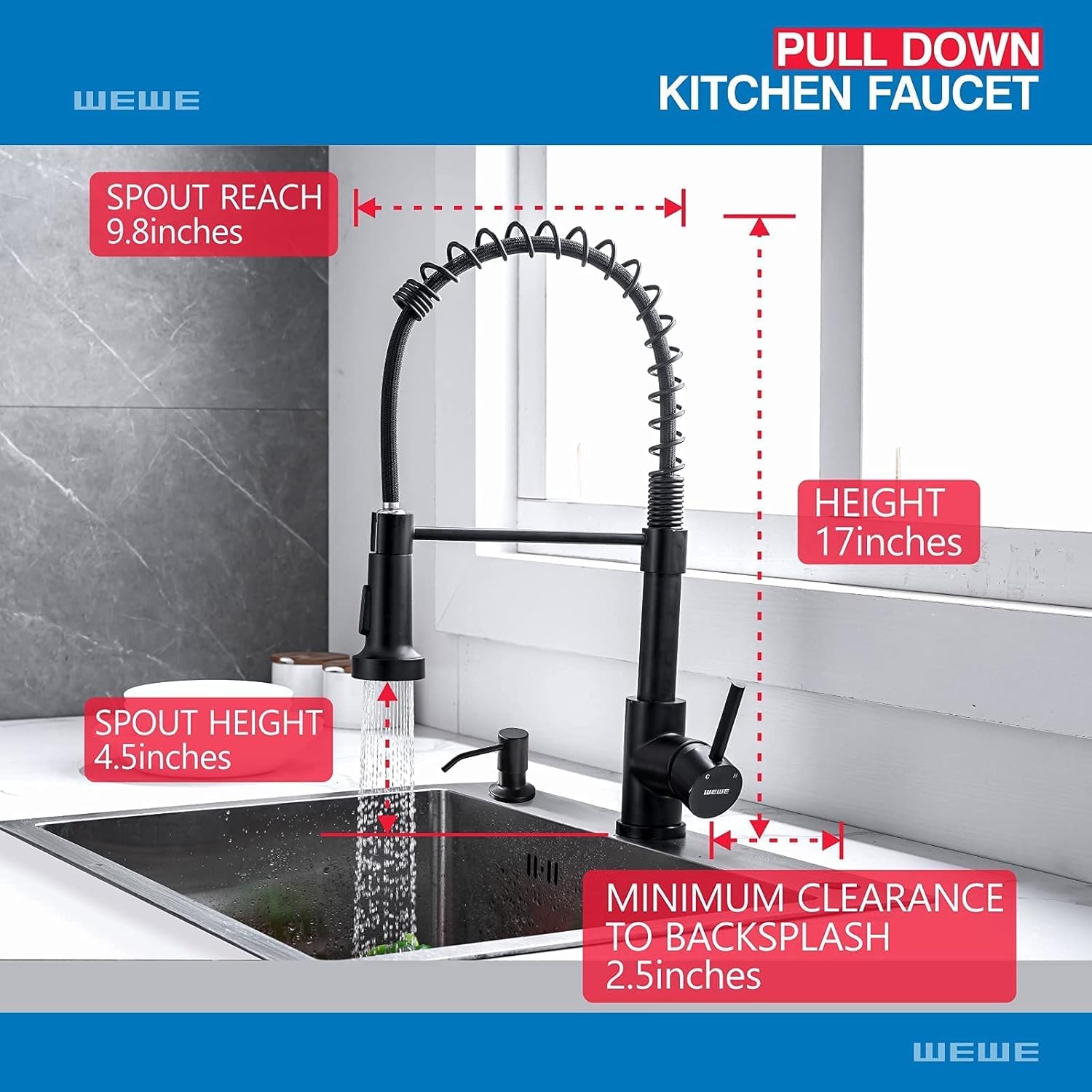 Faucet for Kitchen Sink, WEWE Kitchen Faucet Black Stainless Steel Commercial Spring Kitchen Faucet with Pull Down Sprayer, One Hole or 3 Hole Kitchen Faucet for RV Camper with Soap Dispenser
