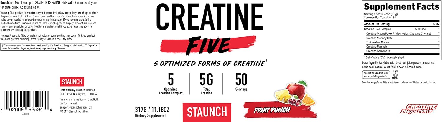 Staunch Creatine Five Creatine Powder (Fruit Punch) 30 Servings - Creatine Monohydrate, MagnaPower, Tri-Creatine Malate, Creatine Pyruvate, and Creatine Anhydrous : Health & Household