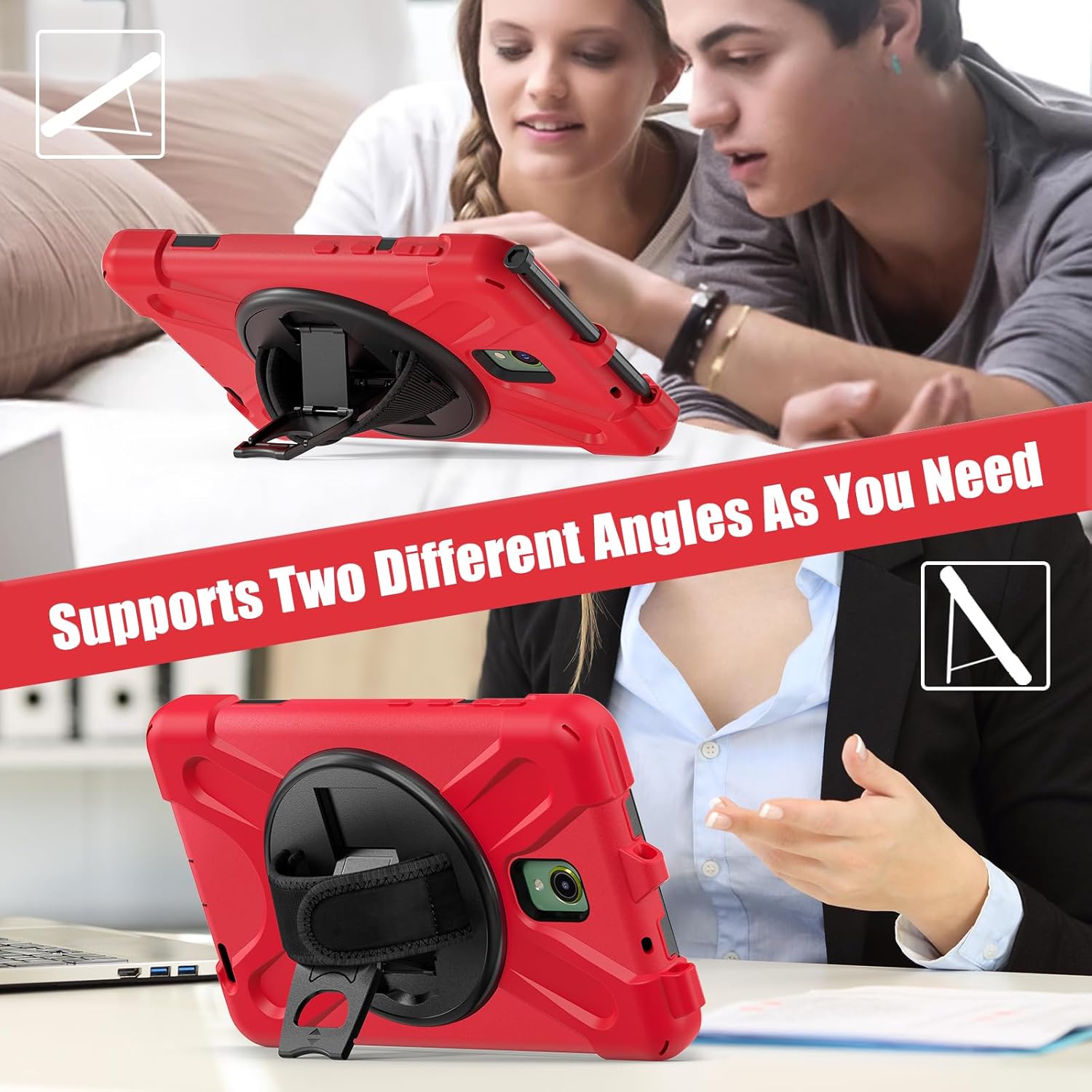 Compatible with Samsung Galaxy Tab Active 5/Tab Active 3 8 Inch (SM-X300/X306B/T570/T575) - Heavy Duty Shockproof Rugged Case with Kickstand, Shoulder Strap, Handle & Anti-Slip Grip (Red)