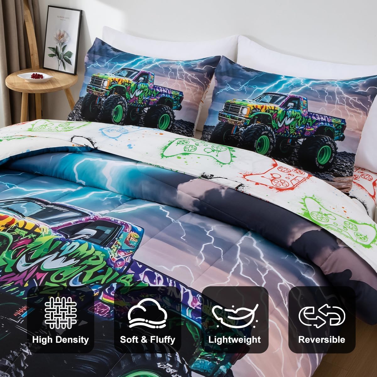 Holawakaka Boys Girls Twin Size Lightening Truck Print Bedding Comforter Set with Sheets, Racing Car Printed Bed in A Bag 5 Pieces Kids Dorm Reversible Bed Sets,Twin