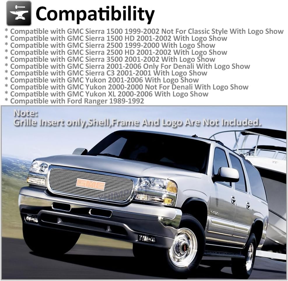 Chrome Billet Grille Insert fits 1999-2002 GMC Sierra 1500 2500 2001-2006 GMC Yukon Main Upper Polished Grill Bolt Over