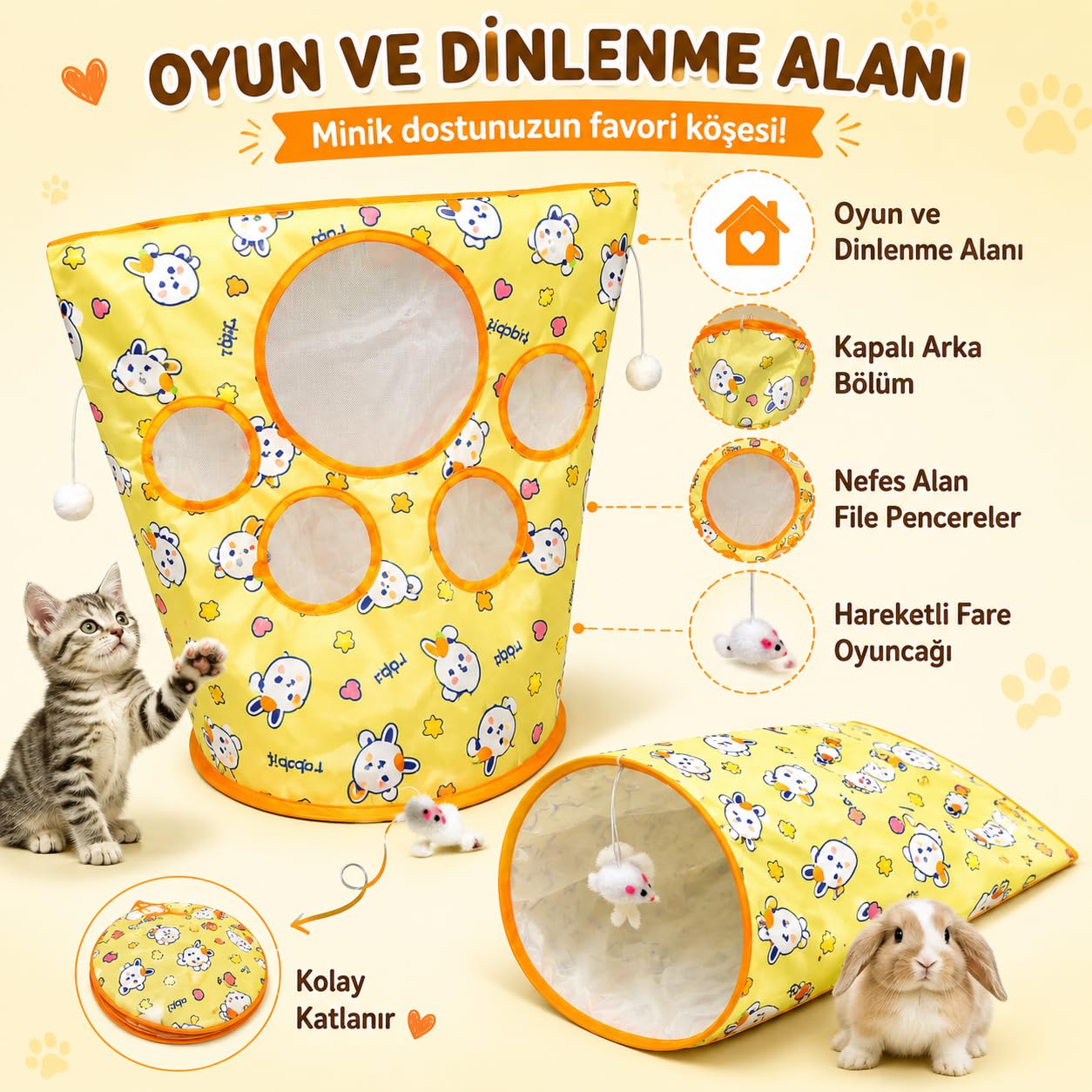 SOGUD Hışırtılı Kedi Oyun Tüneli Tavşan - Katlanabilir Pati Pencereli Aktivite Çadırı - Fare Oyuncaklı Sesli Tasarım - Yavru ve Yetişkin Kediler İçin Ev İçi Saklanma ve Eğlence Alanı