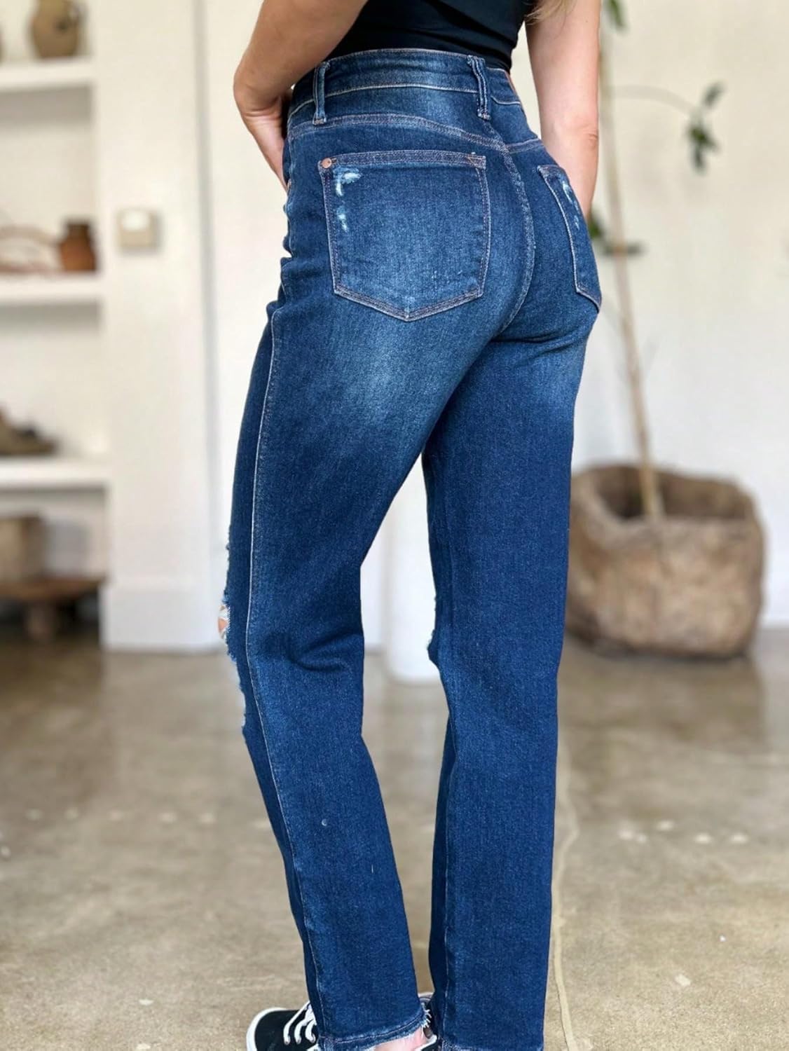 Judy-B Women's Casual Jeans High-Waisted Rigid Magic Heavy Destroy Straight Denim Pants Dark Blue with Ripped Details - Image 5