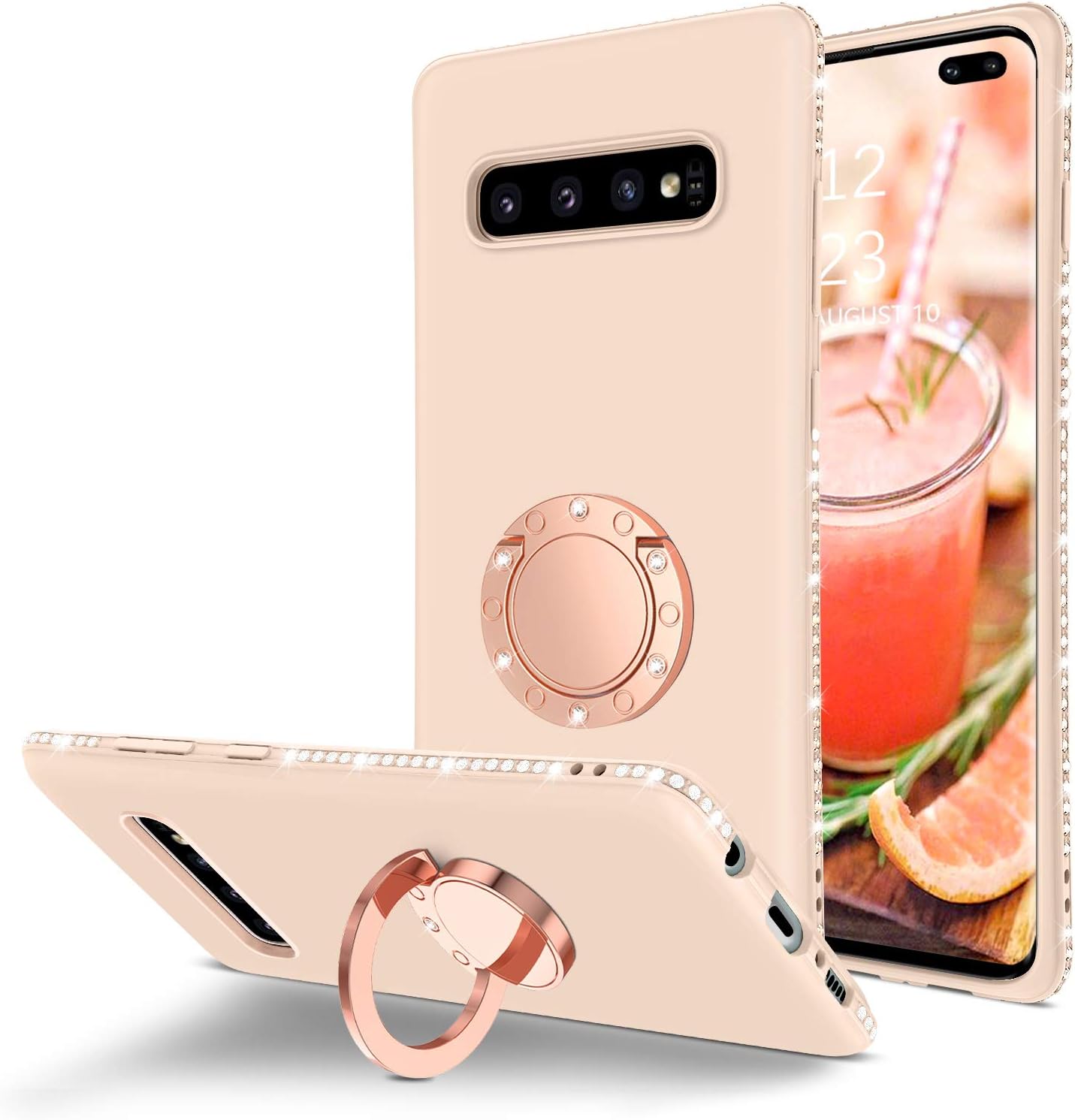 BENTOBEN Samsung Galaxy S10 Plus Case, Slim Silicone | 360° Ring Holder Kickstand | Rhinestone Bumper Shockproof Women Girls Protective Phone Case for Samsung Galaxy S10 Plus 6.4", Sand Pink