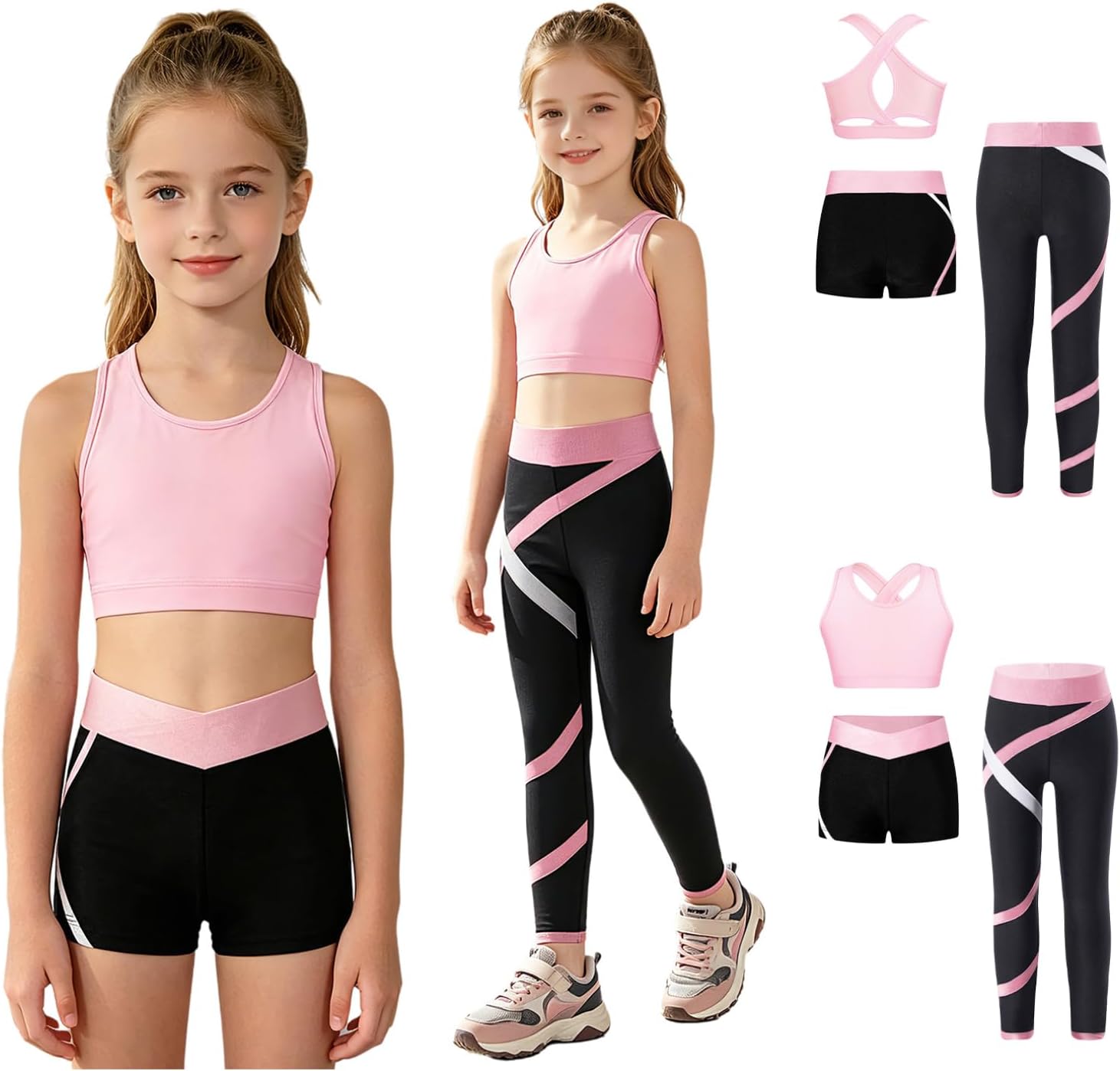 Agoky Kids Girls 3pcs Gymnastic Outfit Dance Sports Outfits Crop Tops with Booty Shorts And Athletic Leggings Tracksuit Pink 16 Years