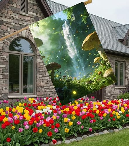 Miniatura 18 de Paisaje de fantasía con piedras, lámparas, flores, árboles, luna y mariposas, bandera de jardín de 12 x 18 pulgadas, pequeña vertical de doble cara