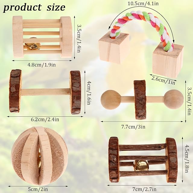 Foto 2 de 8 de CCCYMM 6 piezas de juguetes para masticar de madera natural para mascotas, juguete molar para loro, conejo