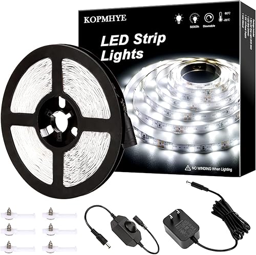 KOPMHYE - Kit de tiras de luces LED regulables de 16.4 ft, cinta de luz de 12 V, 300 2835 LED, 16.4 pies 6000 K luz diurna blanca con adaptador de