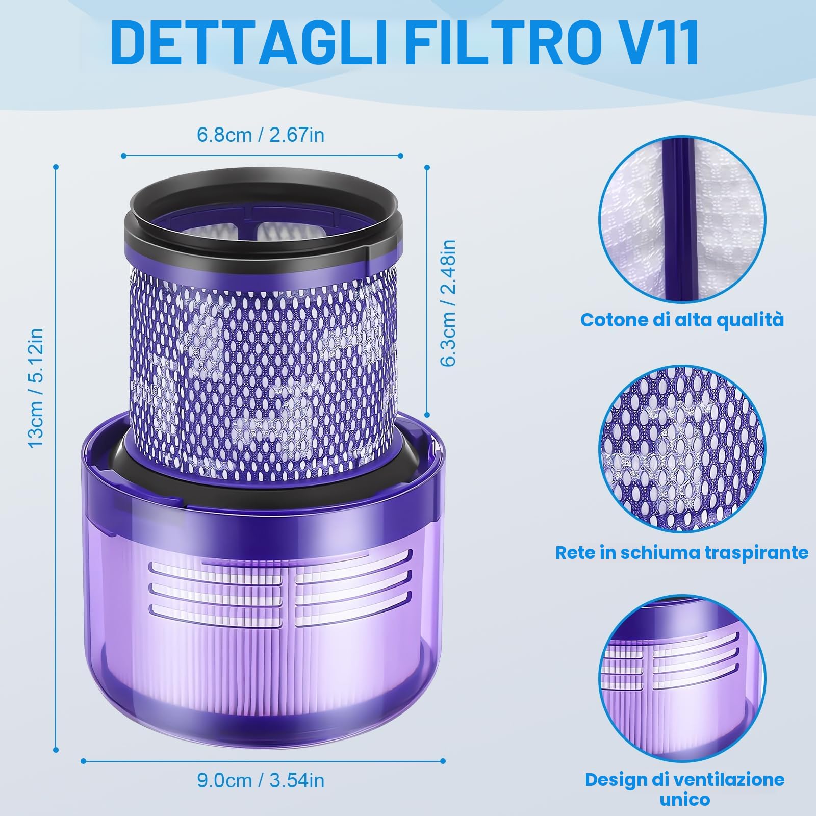 ASUNCELL Batteria da 3900 mAh V11 per Dyson (tipo vite), batteria di ricambio da 25,2 V, per Dyson SV14 Absolute Complete Fluffy senza fili (con filtro, spazzola e viti)