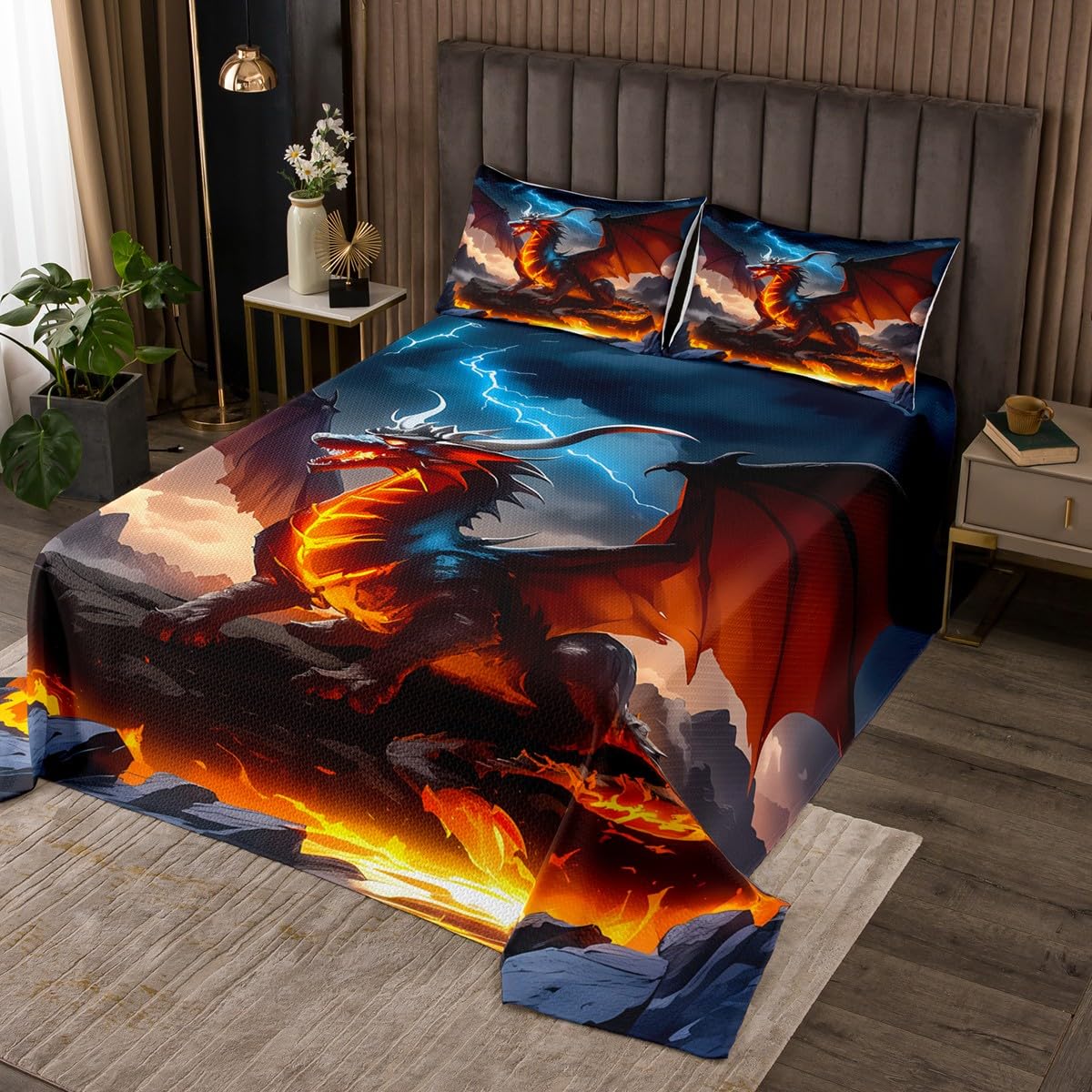 Castle Fairy Dragon Bedspread Twin Size Bedding for Kids Teens Bedroom Cool Dragon Decor Coverlet Set Western Wild Animal Quilt Set for All Season,2 Pcs with 1 Pillowcase