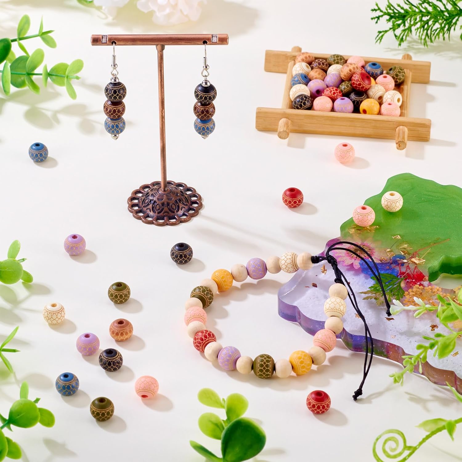 Cheriswelry 60Pcs 10mm Natural Round Wood Beads Colorful Wooden Ball Spacer Beads Print Wood Farmhouse Bead for Garland Bracelet Keychain Jewelry Making - Image 2
