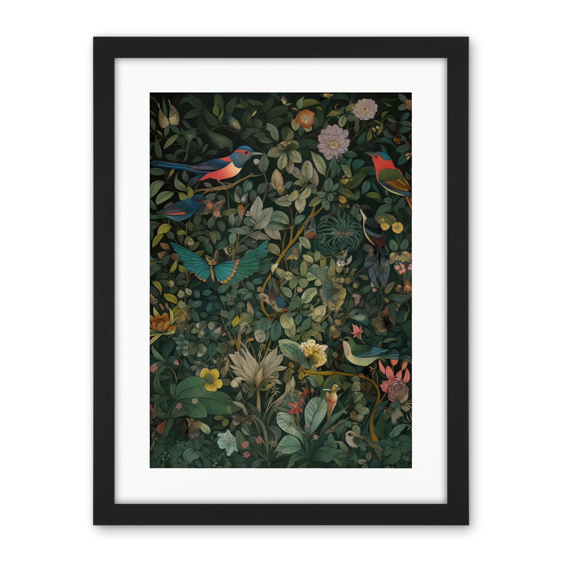 Artery8 Butterflies and Birds on Flowering Shrub Folk Art Artwork Framed Wall Art Print 18X24 Inch