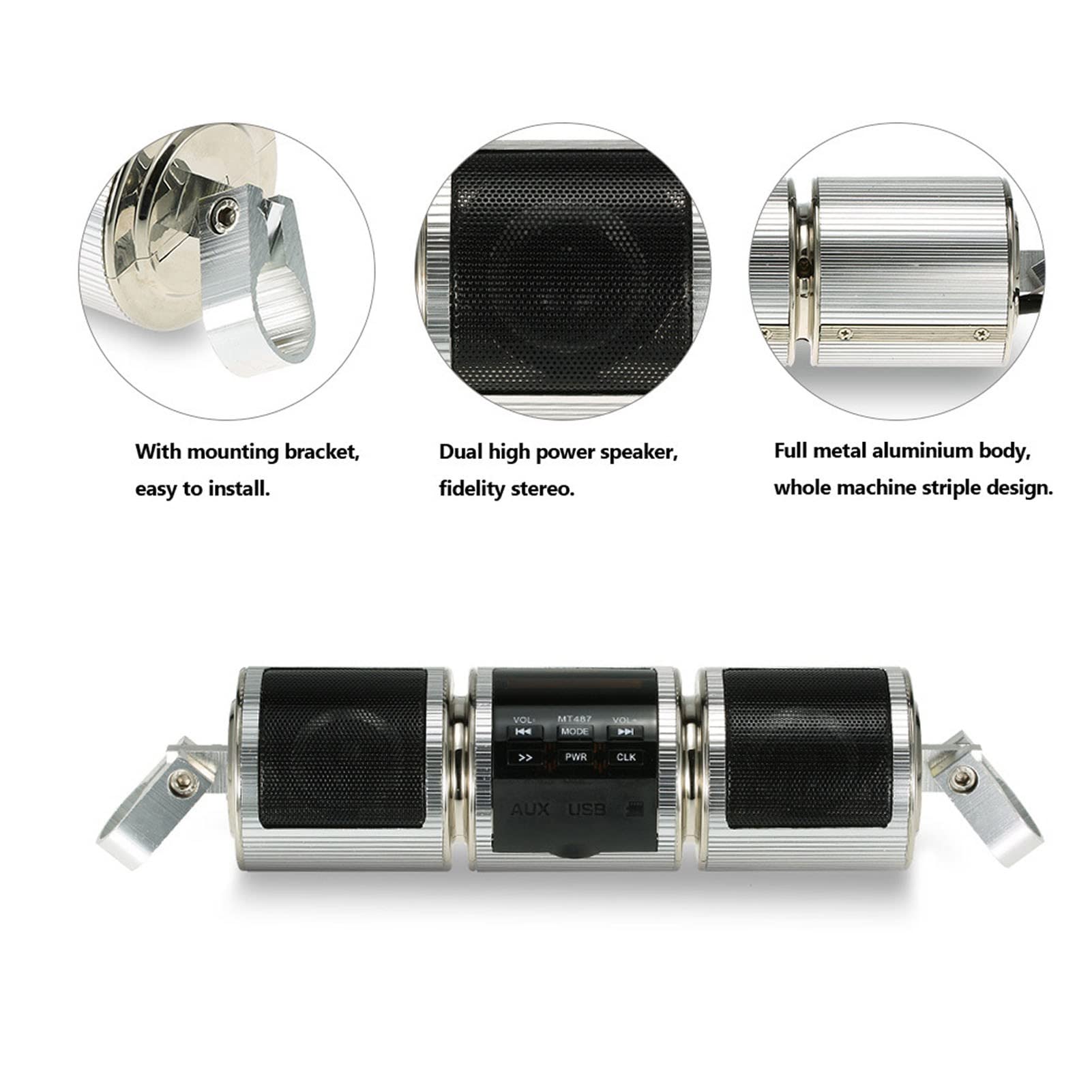 Altavoz Bluetooth para Motocicleta, IP54 Resistente Al Agua DC12V Altavoz Inalámbrico para Motocicleta de Sonido de Audio Montado en el Manillar Negro (Plata)