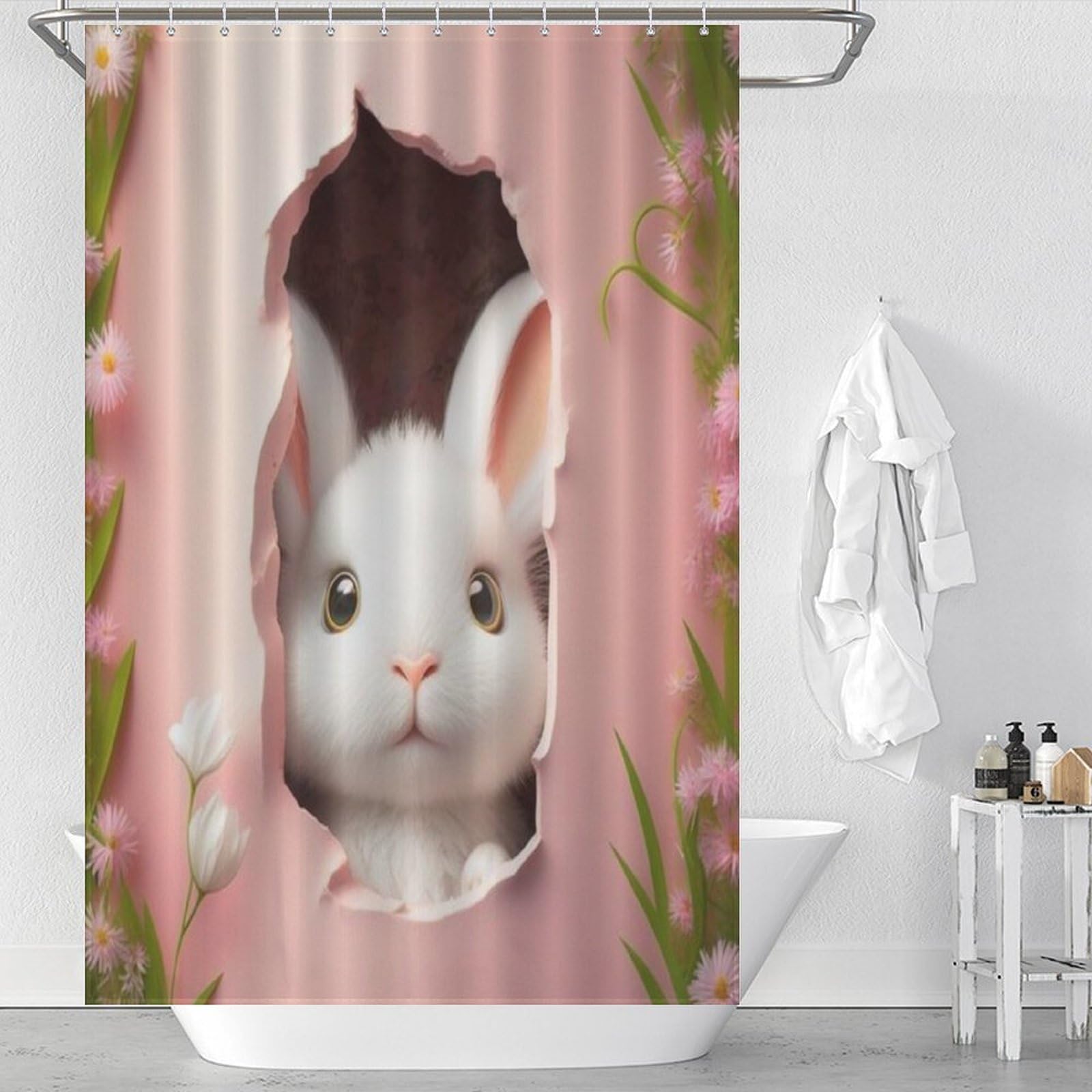 Rideau de douche lapin étanche 122x183cm en polyester avec 12 anneaux inclus