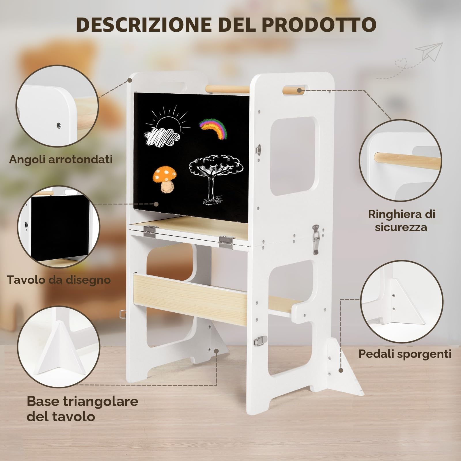 Labebe Montessori Torre per bambini, 3 in 1 Torre di Apprendimento Pieghevole, Multifunzionale Torre didattica con lavagna, Legno protezione antiribaltamento torretta da 1 anno bambini-bianco e legno