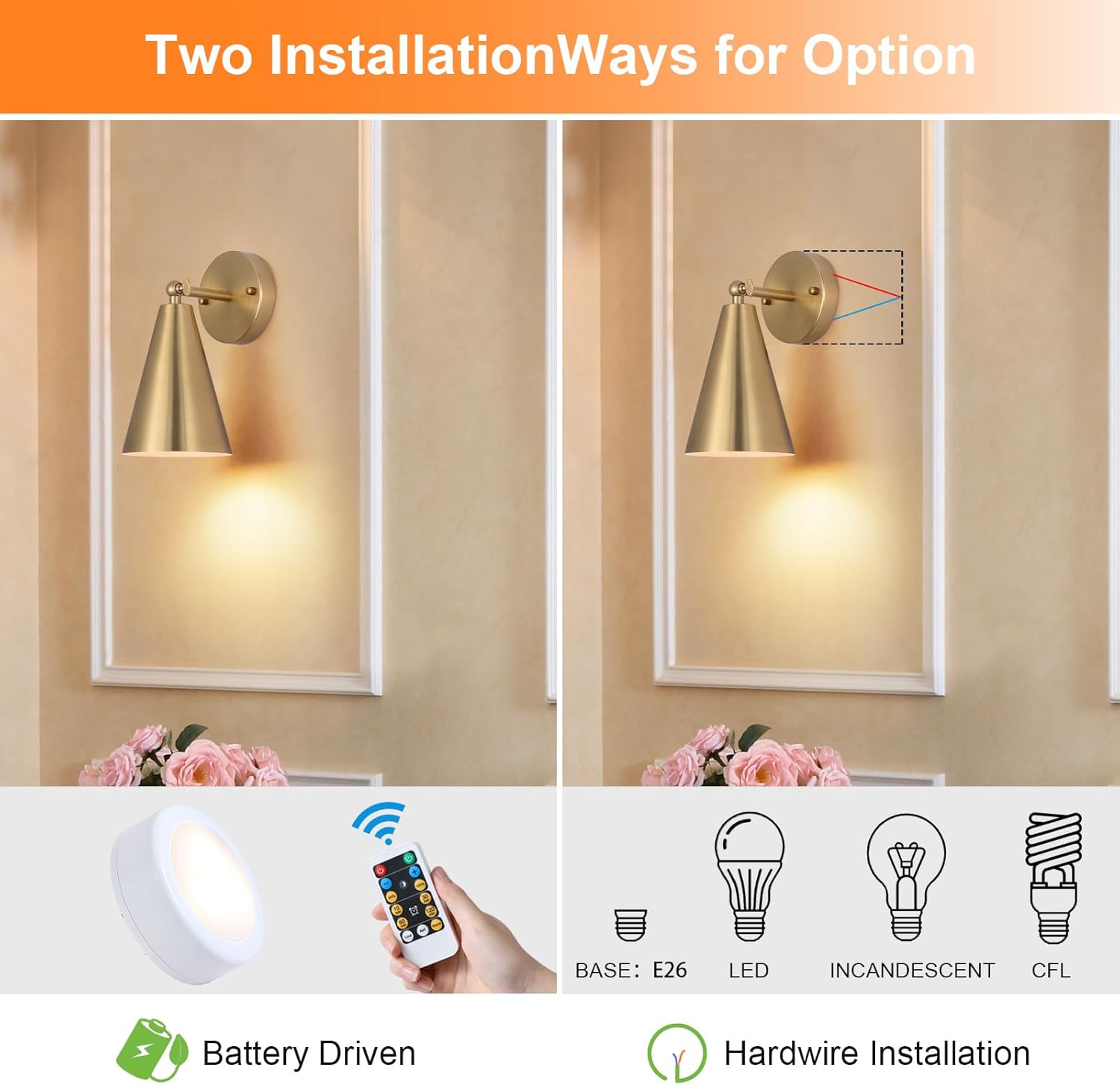 MWZ Gold Battery Operated Wall Sconces Set of Two,Wireless Indoor Lighting with Remote Control, Modern Dimmable 2 Color Temperatures Adjustable Angle Wall Mount Lamp with Brass Metal Shade