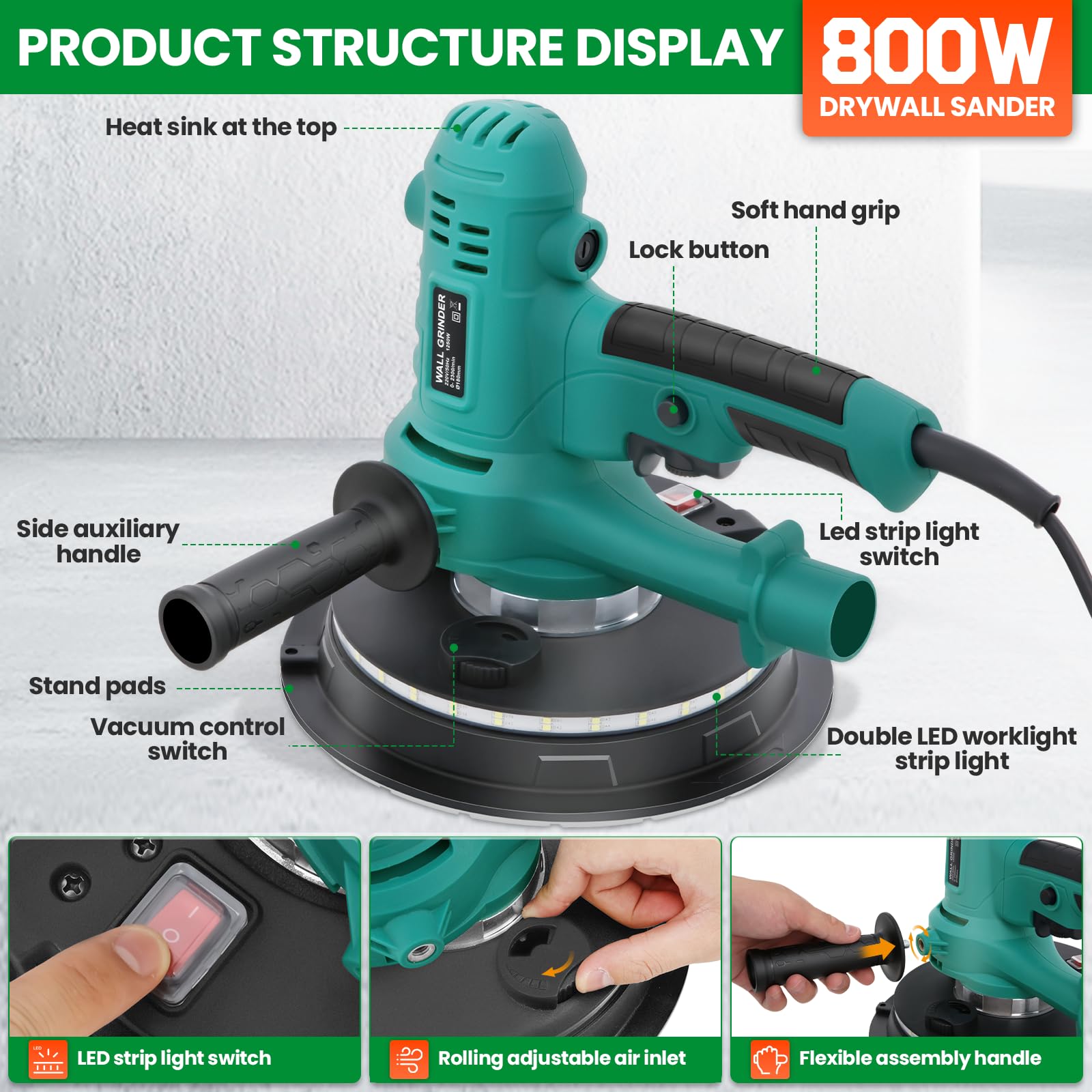 Trockenbauschleifer 800W – 6 Geschwindigkeiten, 180 mm Schleifteller mit Bürstenkranz, Staubabsaugung, 12 Schleifblätter, für Wände & Decken (blau)