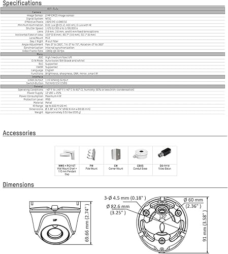 Miniatura 5 de Real HD ECT-T12F2 1080P 2MP 0.110 in Gran Angular TVI IR Torreta Dome Cámara al aire libre compatible con Hik Vision DVR