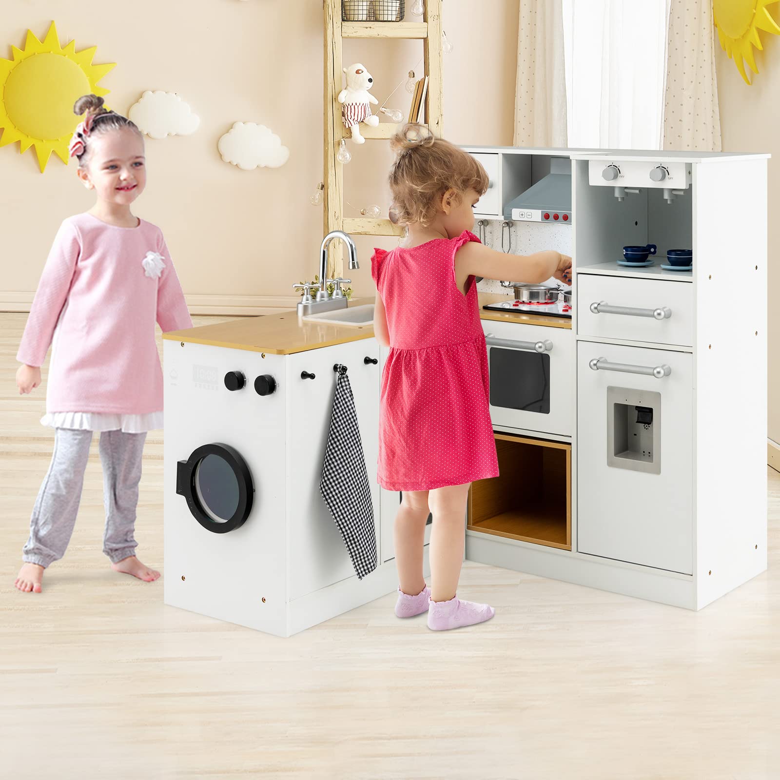 COSTWAY Cucina Giocattolo per Bambini, Cucina Legno per Bambini con Lavatrice, Macchina da Caffè, Forno, Microonde, Lavello e Rubinetto, Funzione Luci e Suoni, per Bambini 3+ Anni