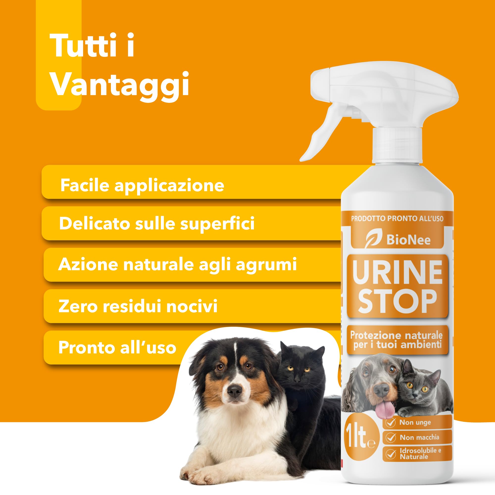 Bionee Urine Stop Spray Naturel pour Chiens et Chats 1L - Double action : Dishabituant aux Agrumes + Élimine les odeurs - Prêt à l'emploi, pas de taches, sûr pour les environnements intérieurs et