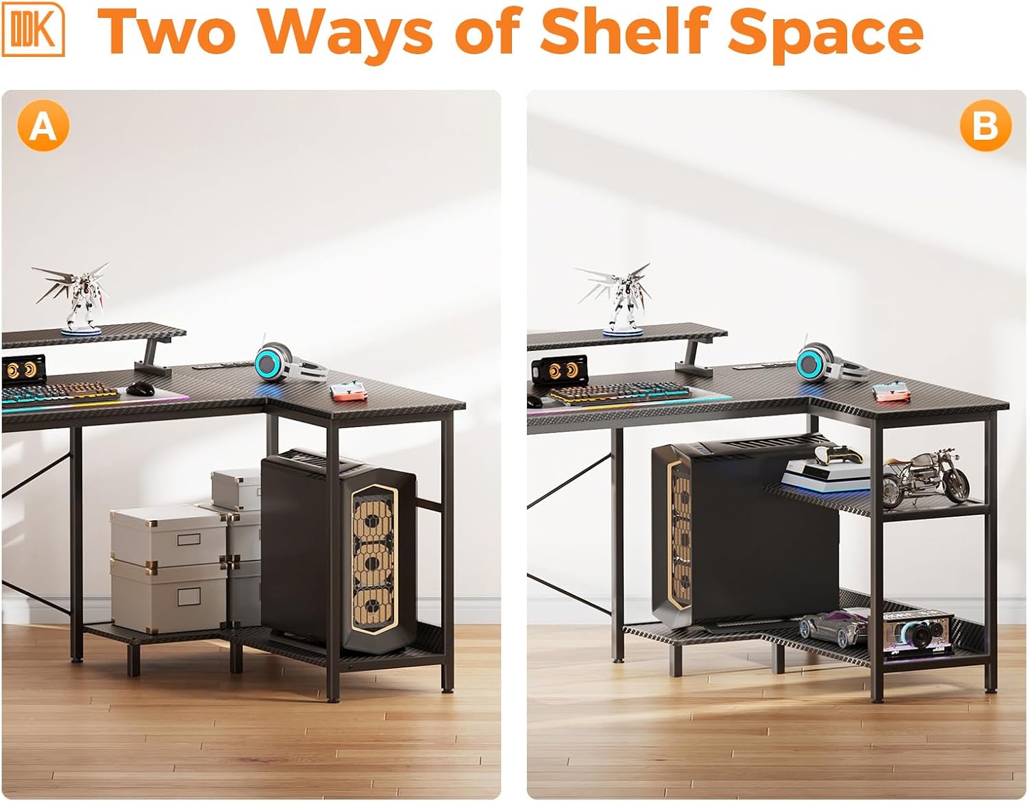 Two configurations for the under-desk storage shelves.