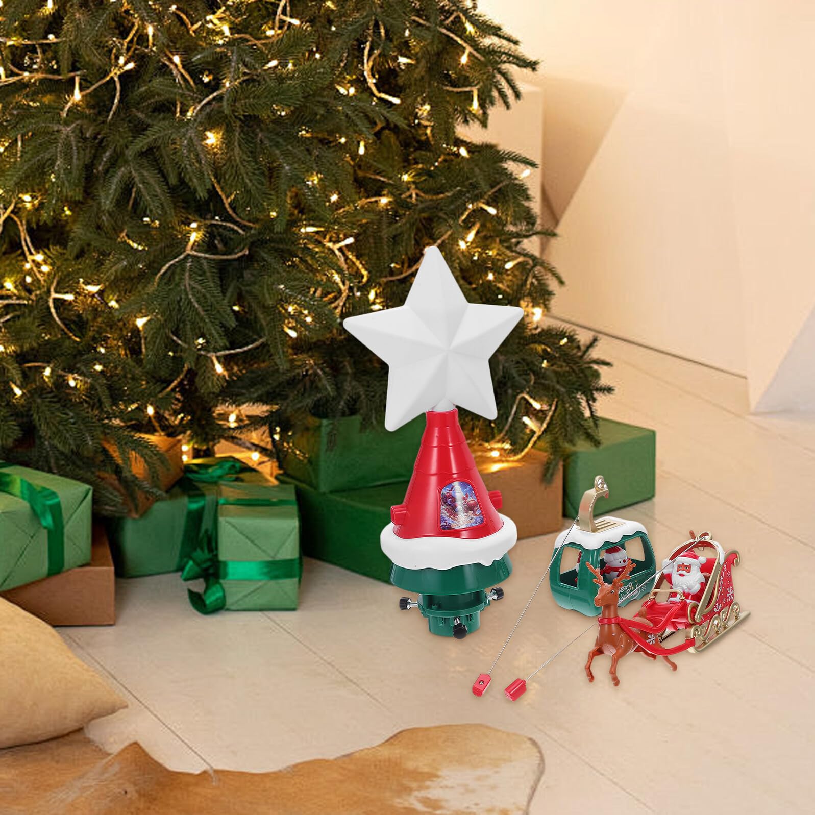 Rotierender Beleuchteter Weihnachtsbaumspitzen-dekor mit Musikalischem Santa-Schlitten und Schneemännern Drehbarer Festlicher Baumstern für Innen Außendekoration an Winterfeiern