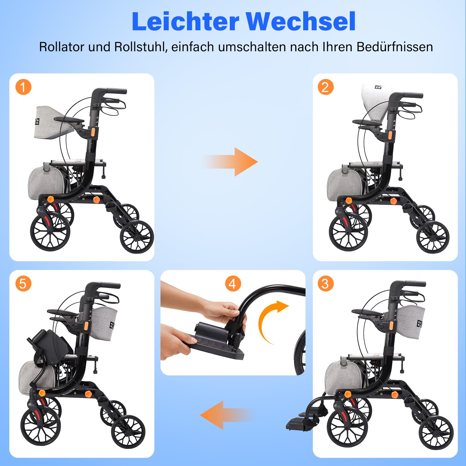 2-in-1 Rollstuhl-Rollator faltbar und leicht mit Sitz, klappbarer Rollstuhl für Senioren, Aluminium-Gehhilfe Transportstuhl, höhenverstellbar für Innen- und Außenbereich mit Bremsen