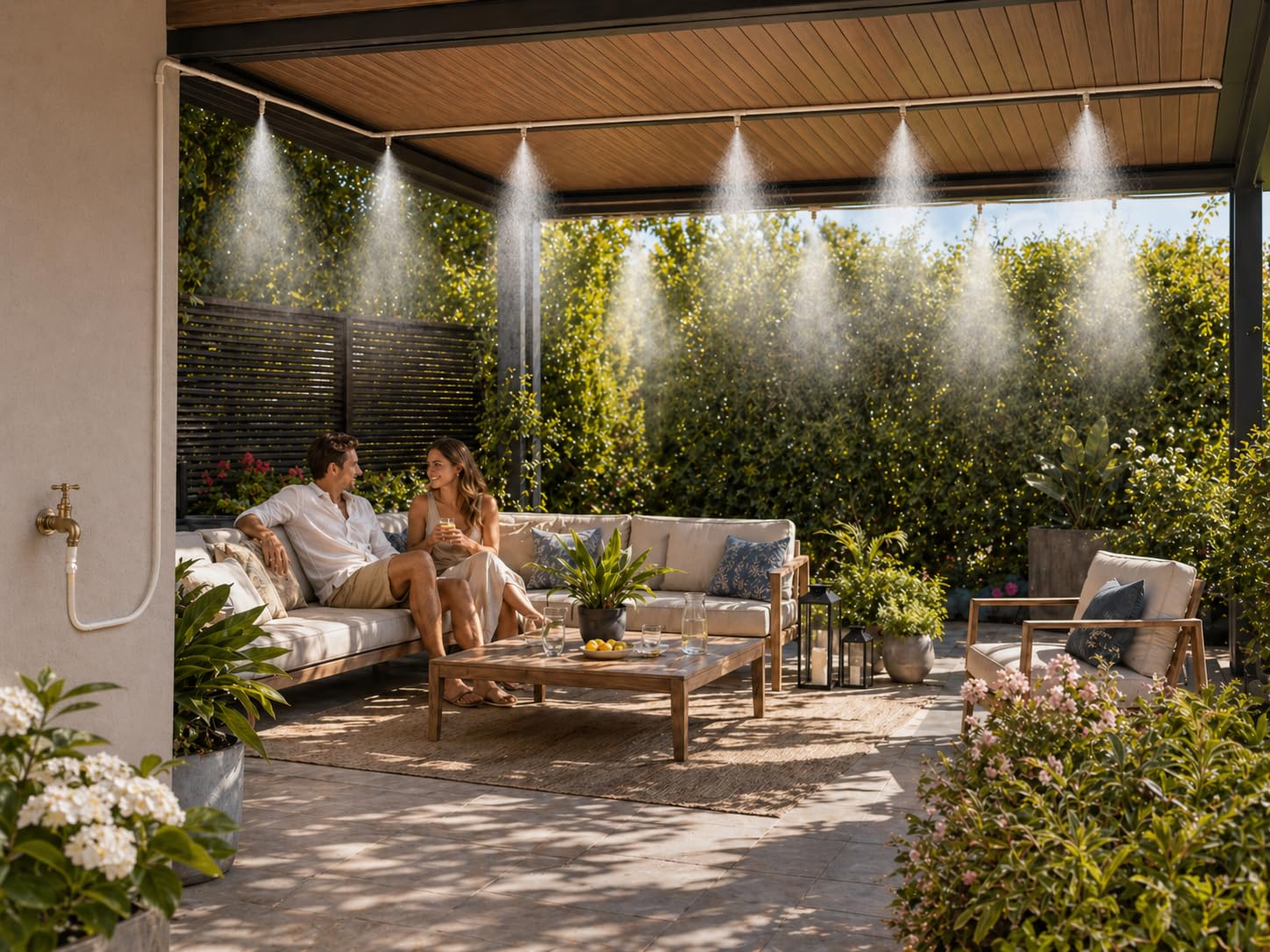 O'FRESH Nebulizzatore Terrazza esterna 10m, Giardino, Ombrelloni, Tende da Sole, Serre. Linea di Nebulizzazione con 7 ugelli in acciaio inox di alta qualità. Climatizzazione esterna