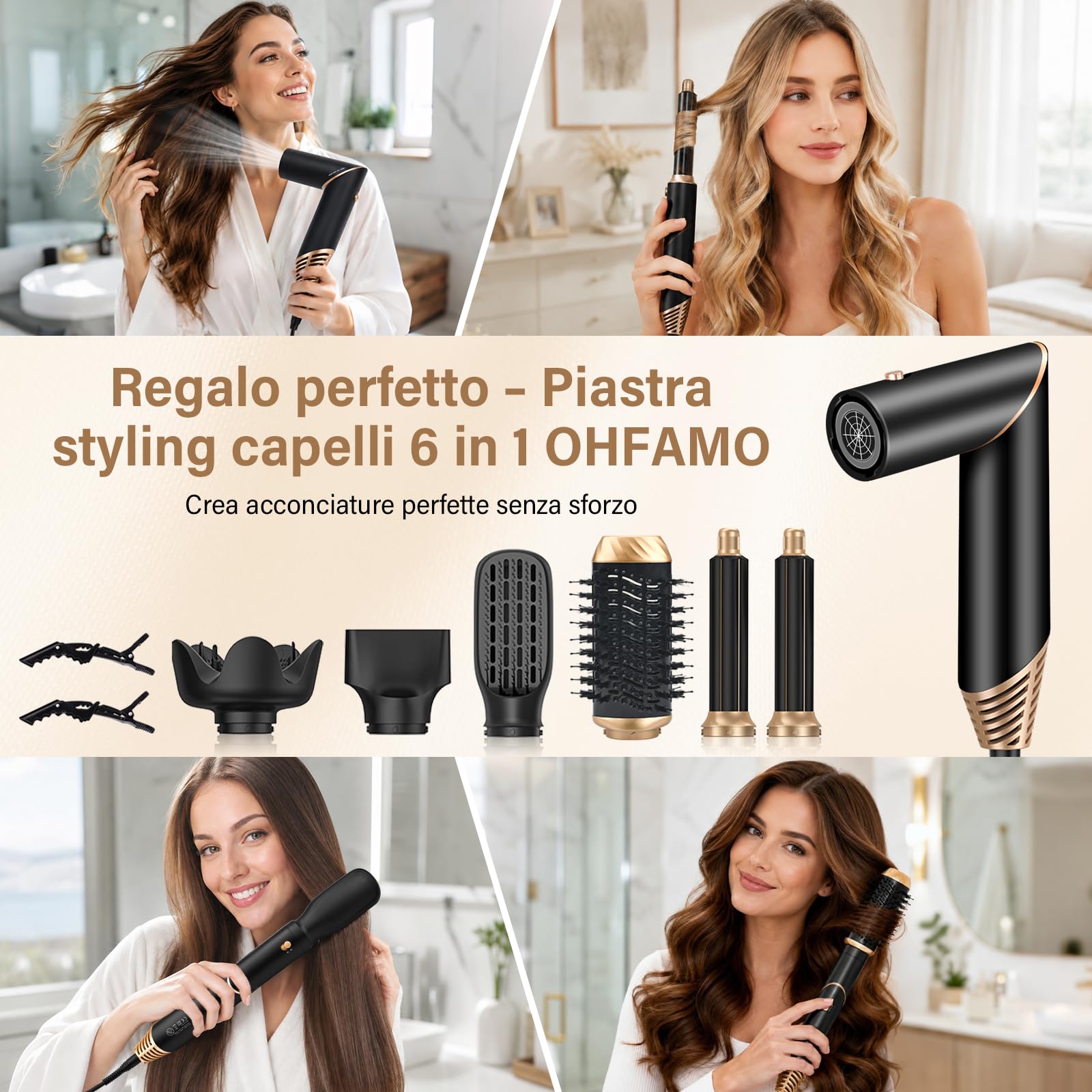 Air Styler 6 in 1 Styler Capelli, Spazzola Asciugacapelli, Spazzola ad Aria Calda, Arricciacapelli Automatico, Lisciante, Volumizzante e Diffusore per Ricci, Lisci, Volume | Set di spazzole per acconciatura