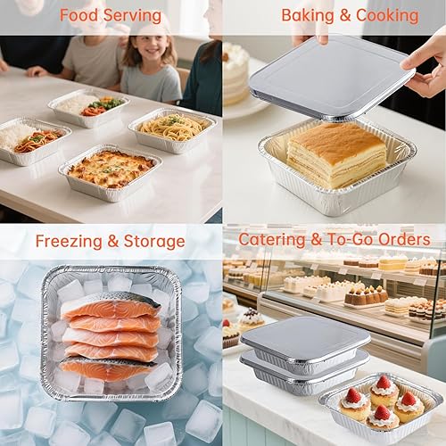 Miniatura 6 de Sartenes de aluminio de 8 x 8 con tapas, paquete de 10 bandejas desechables para hornear, sartenes de aluminio con tapas para cocinar en vacaciones,