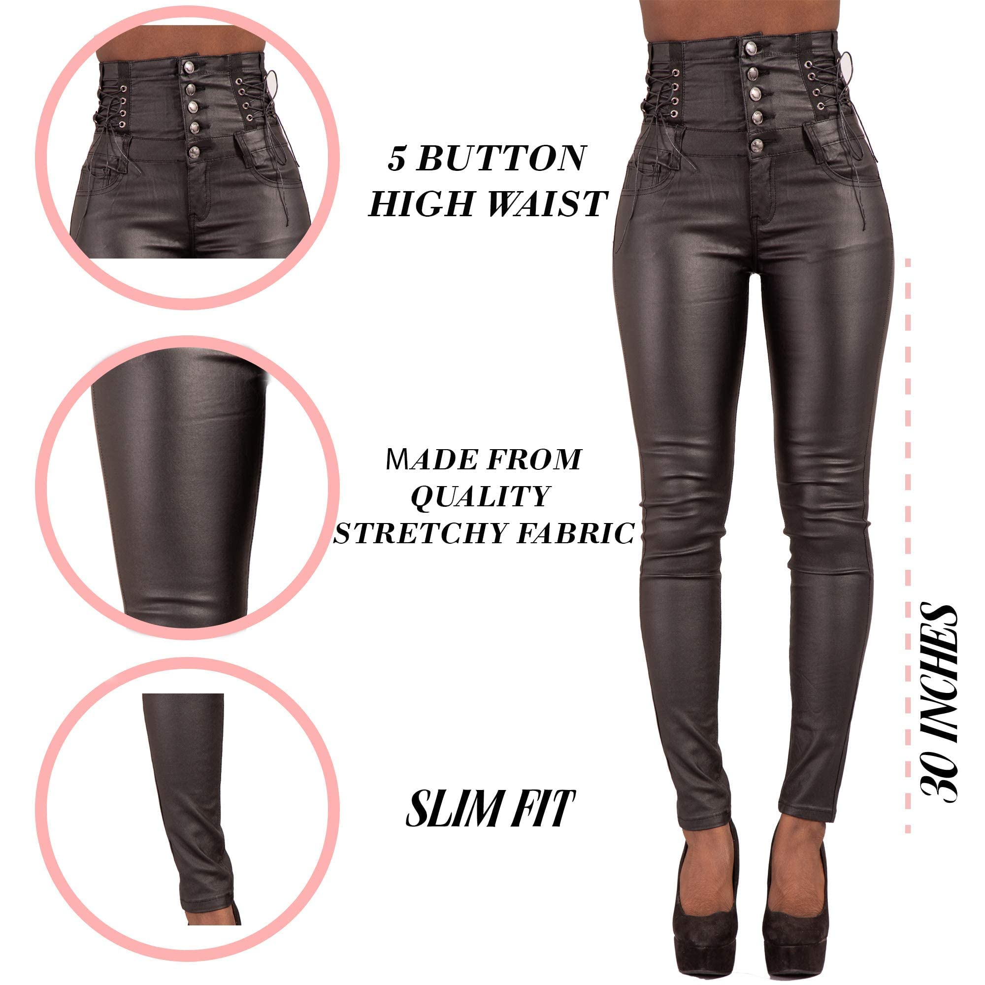 Pantalon Jean Taille Haute Aspect Cuir pour Femme | Pantalon Slim boutonné Sexy à Taille Haute pour Femmes
