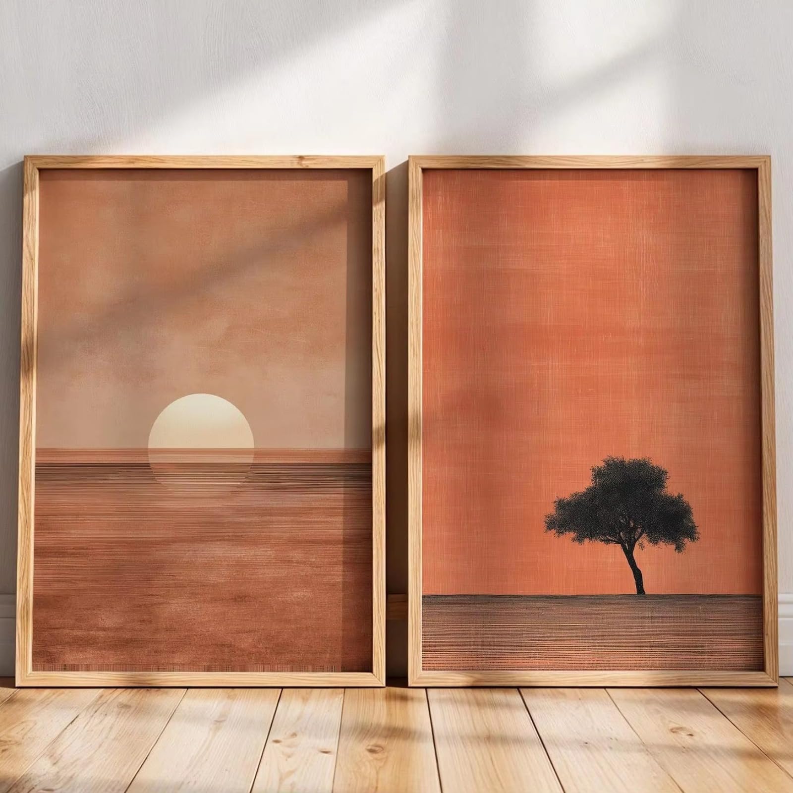 ZBELLO Warmbraune Boho Sonnenuntergang Wandbilder Set 2, Ohne Rahmen Minimalistische Landschaft Drucke, Terrakotta Poster für Wohnzimmer Schlafzimmer (40x50cm)
