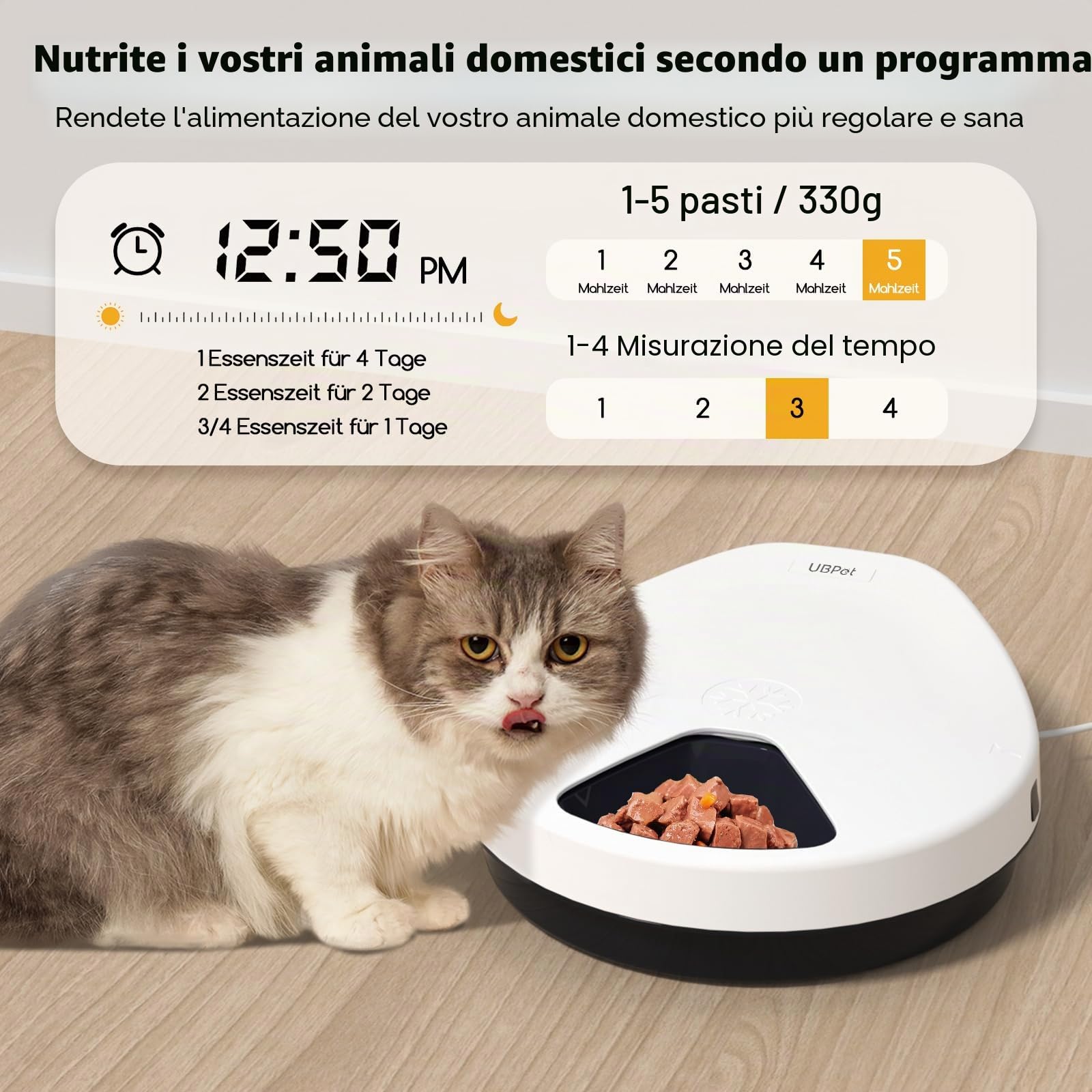 Mangiatoia automatica per gatti con raffreddamento, tecnologia di raffreddamento a semiconduttore, funzione di temporizzazione, 5 scomparti, piatto premium, lavabile, per gatti e cani