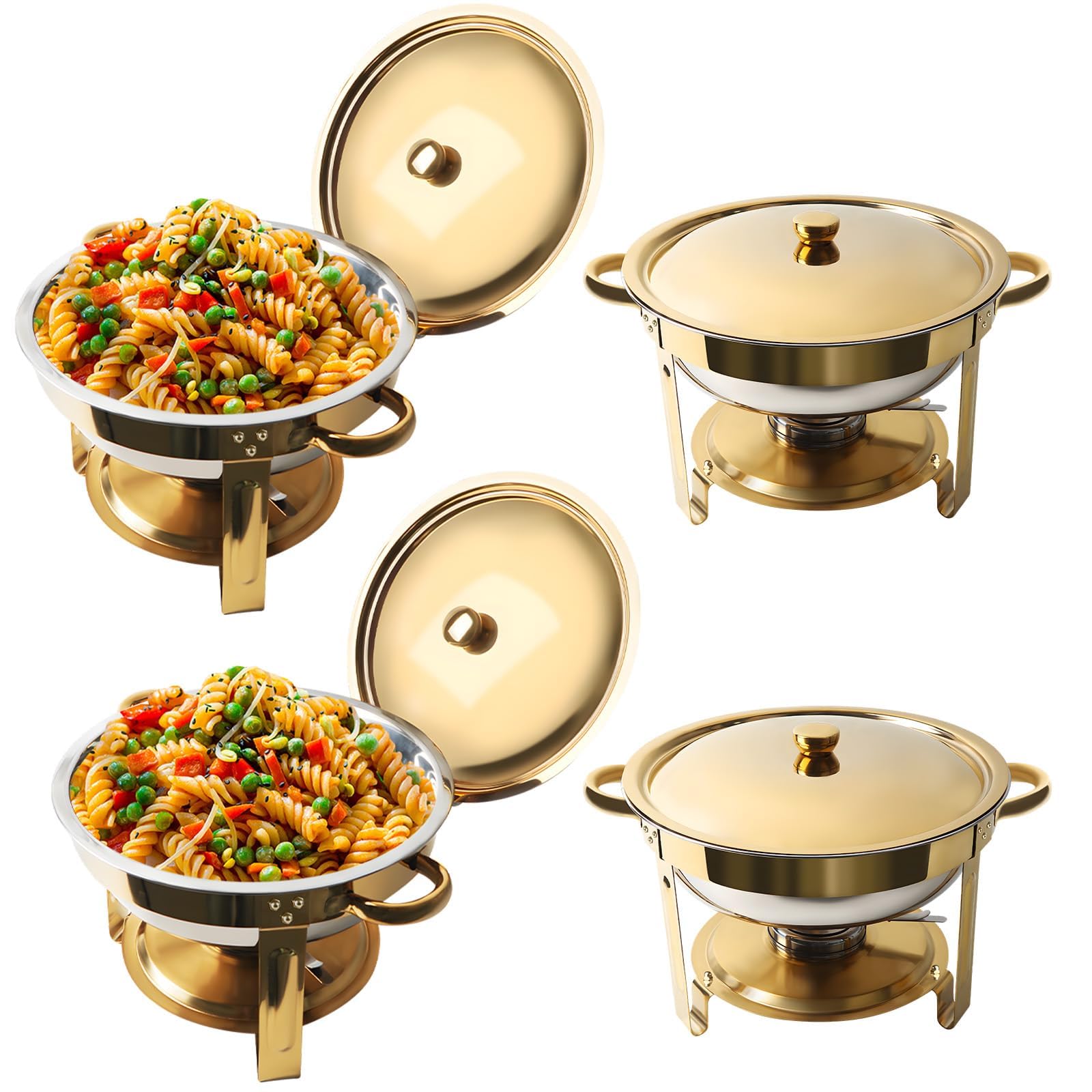 Chafing Dishes for Buffet Set 4-Pack, 4.8Qt Gold and Silver Round Food Warmers with Lid Holders, Stainless Steel Chafing Dishes for Catering, Weddings, Parties, Banquets, Buffet Service