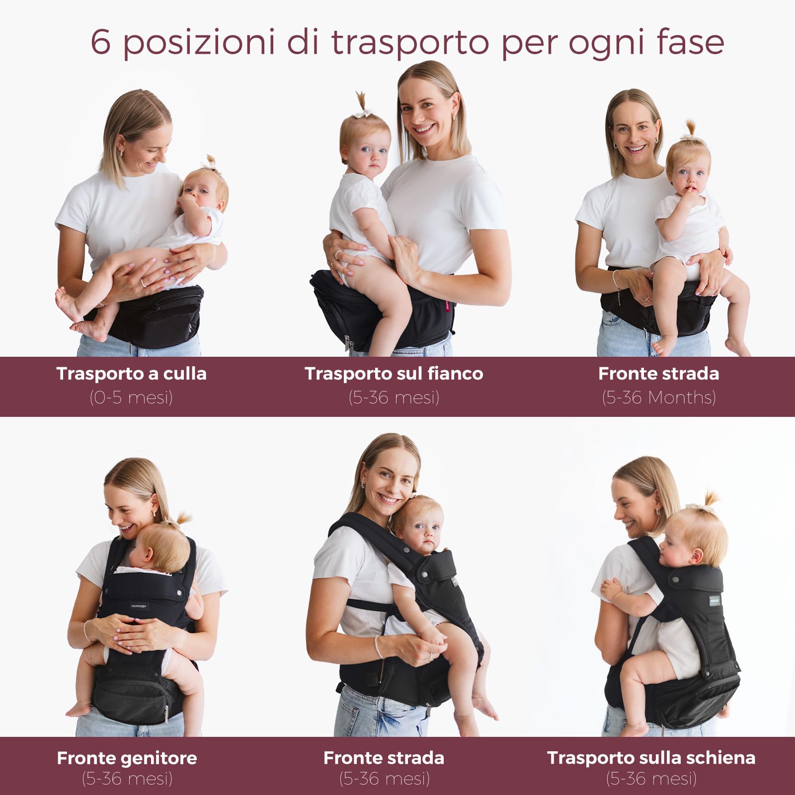 Momcozy Marsupio Neonato con Sede Anca 2 in 1, Portabebè Fronte Strada a Mani Libere fino a 20 kg, Marsupio Bambino 4 Stagioni con Cintura Regolabile fino a 115 cm, Nero - 4