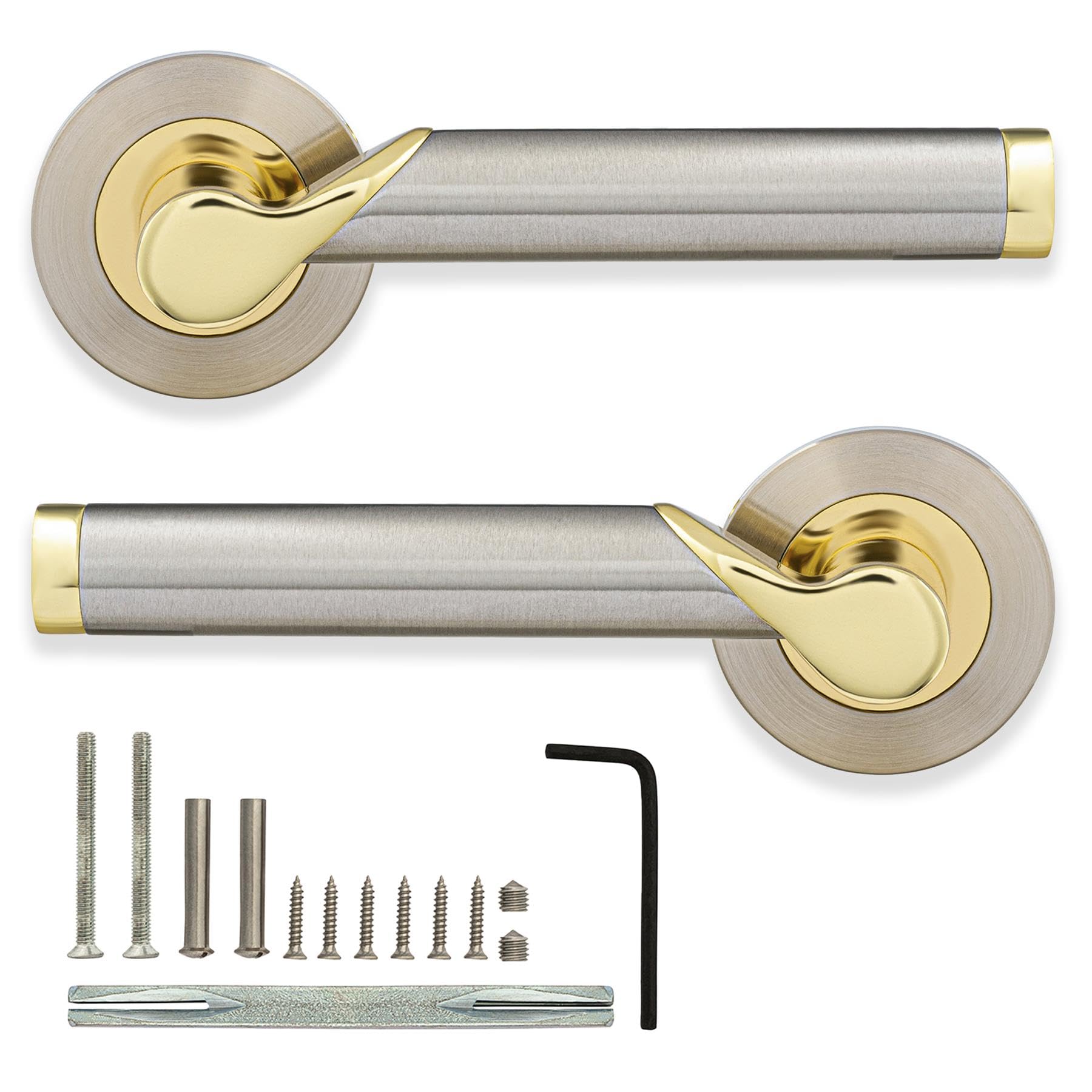 Xfort Polished Brass / Satin Chrome Enterprise Lever On Rose Door Handles, Internal Door Handle Sets, Lever Latch Door Handle, Interior Door Handles For Home & Office – Polished Brass/Satin Chrome Nickel Dual Finish