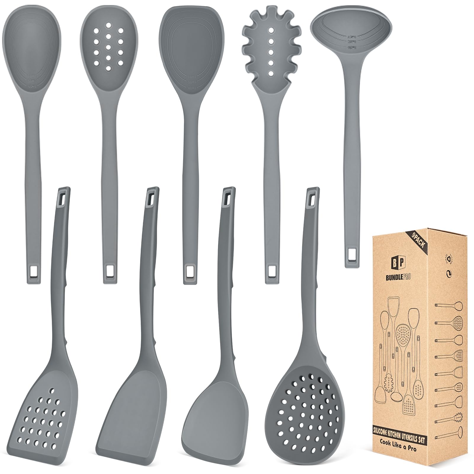 Silicone Cooking Utensils Set, 9 Pcs Heat Resistant Kitchen Utensils with Back Hooks, BPA Free Kitchen Tools with Spatulas, Spoons, Skimmer and Pasta Fork for Non Stick Cookware (Gray)