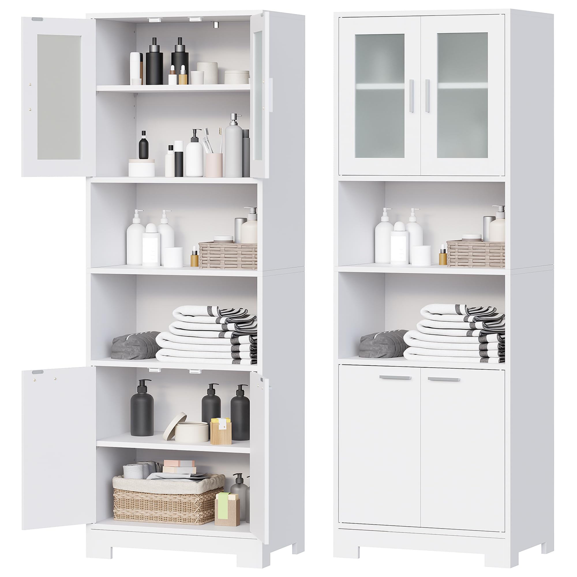 BEWISHOME Hoher Badezimmerschrank,Badschrank,Badezimmermöbel mit Verstellbare Ablagen, Mehrzweckschrank mit Glastür und offenem Fach,für Badezimmer/Wohnzimmer/Küche, Weiß, 40 * 60 * 180cm EYYG04W