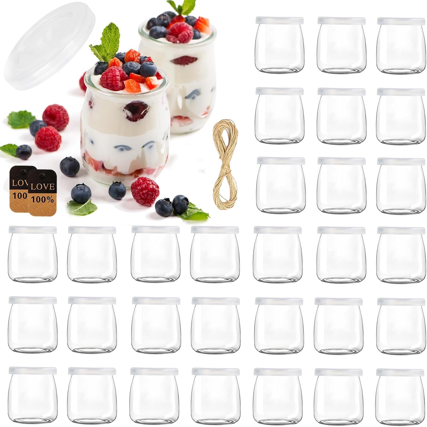 200ml Dessertgläser,Durchsichtige Joghurtgläser with Lid (30 Stück) - Joghurtgläser mit Deckel,Joghurt-Gläser, Weckgläser Glas Einweckgläser Tulpenglas für Marmeladen, Gelees, Honig, Desserts