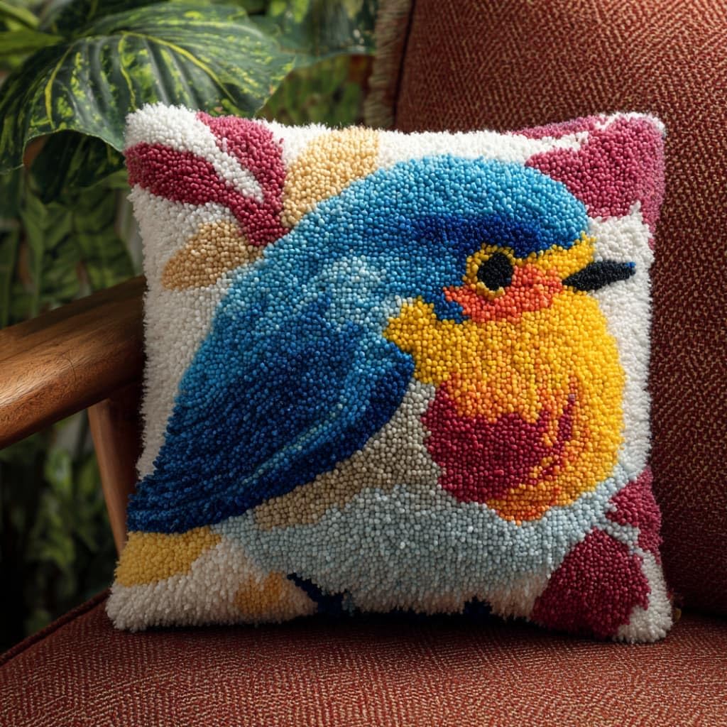 WallustrioaW DIY Latch Hook Pillow Kit,Bird Pillowcase Kits Embroidery Kits 17X17 Inch DIY Needlework Pillow Cover Sofa Cushion Rug Making