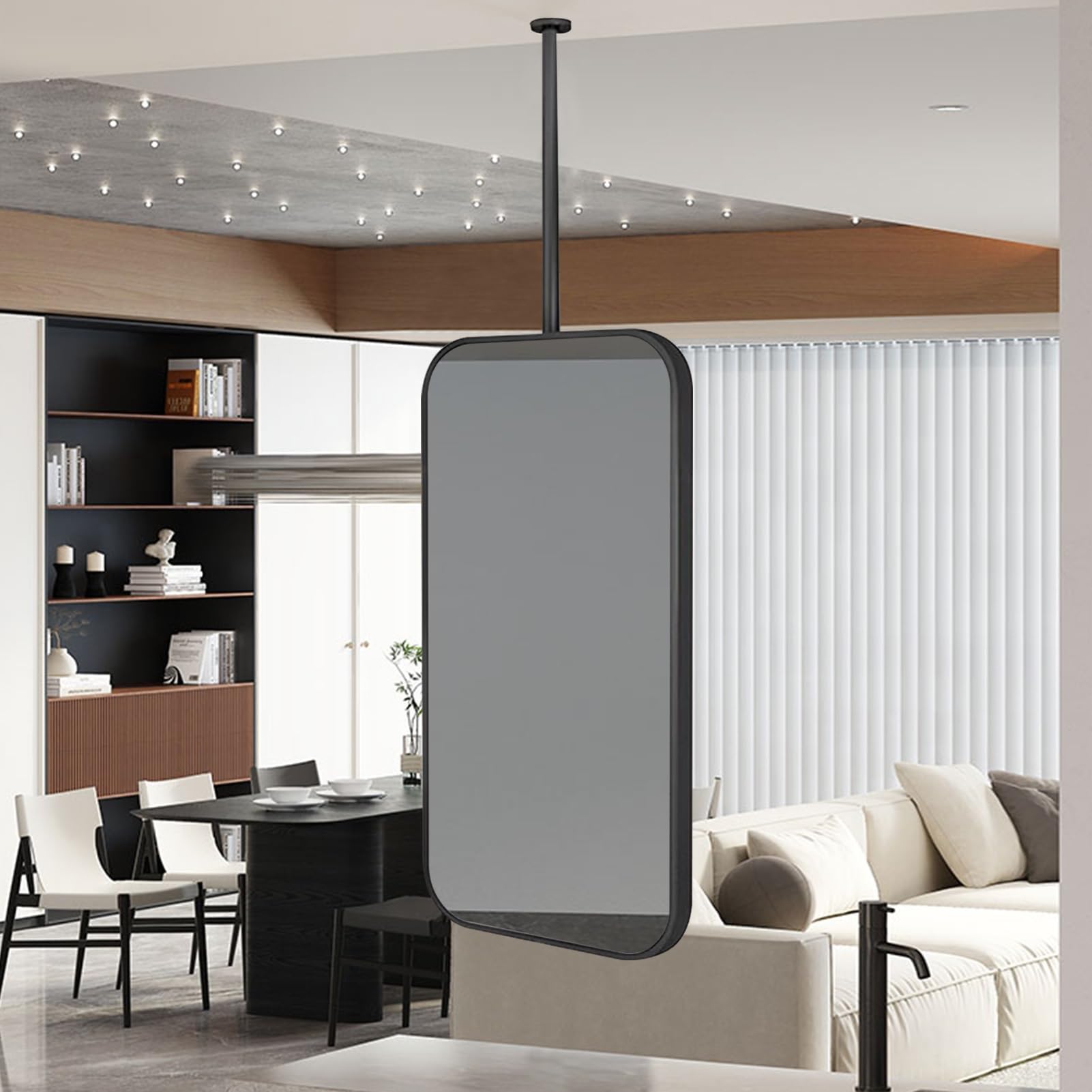 Naścienne lusterko do makijażu LED z metalową ramą i drążkiem do zawieszania na suficie - nowoczesny pływający design do sypialni salonu szatni toaletki i stacji do makijażu