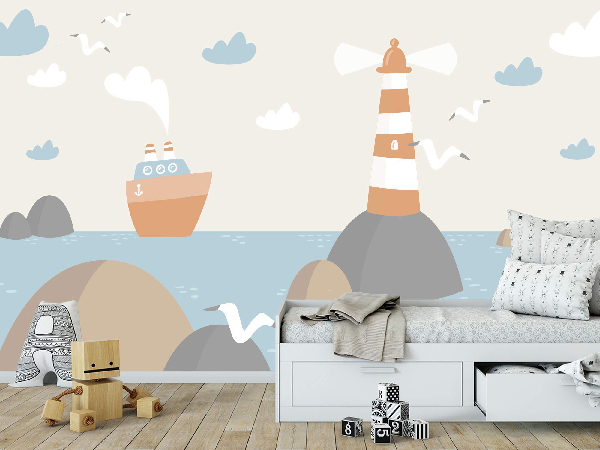 Oedim Fotomurale per bambini, in vinile, per parete, per mare, faro e barca, decorazione da parete, 500 x 300 cm