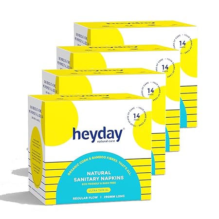 Heyday Rash Free Organic & Natural Ultra Thin Sanitary Pads for Normal-Sensitive Skin |Regular Flow Pads| Biodegradable & Eco-friendly | Quick Absorb & Super Soft | Leak Proof with Wings (56 Pcs, XL)