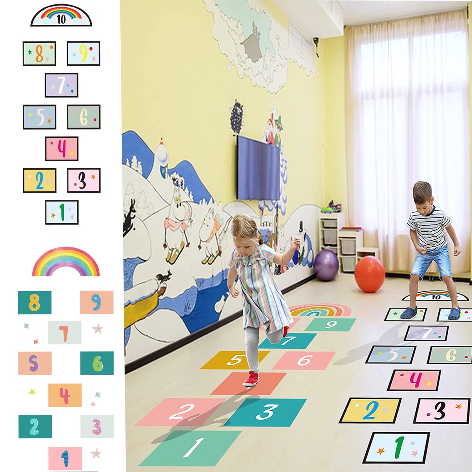 2Pcs Funny Number Hopscotch Game Floor Stickers, Colorful Puzzle Hopscotch Game Wall Stickers, Removable DIY Art Ground Corridor Wallpaper Décor for Kids Bedroom, Nursery, Classroom