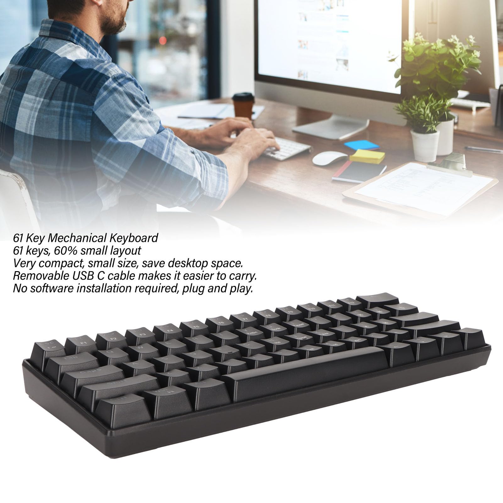 Generic Ergonomiczna Przewodowa Mechaniczna Klawiatura do Gier w 60% z Podświetlanymi Klawiszami dla Graczy i Maszynistek (Przełącznik koloru czarnego i niebieskiego)