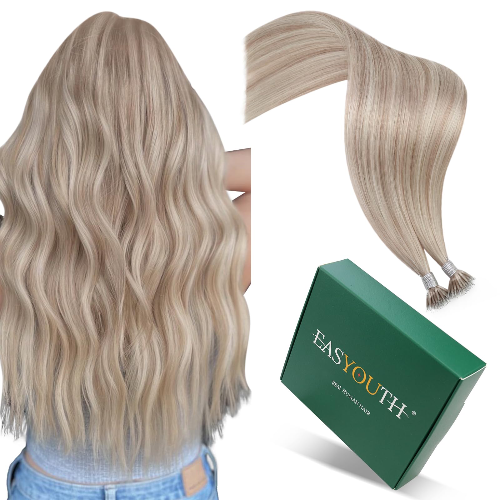 Easyouth Blonde Nano Hair Extensions Real Human Hair Highlight Nano Bead Hair Extensions Human Hair Ash Blonde Mixed Bleach Blonde Pre Bonded for Women 14 Inch 50g/50s