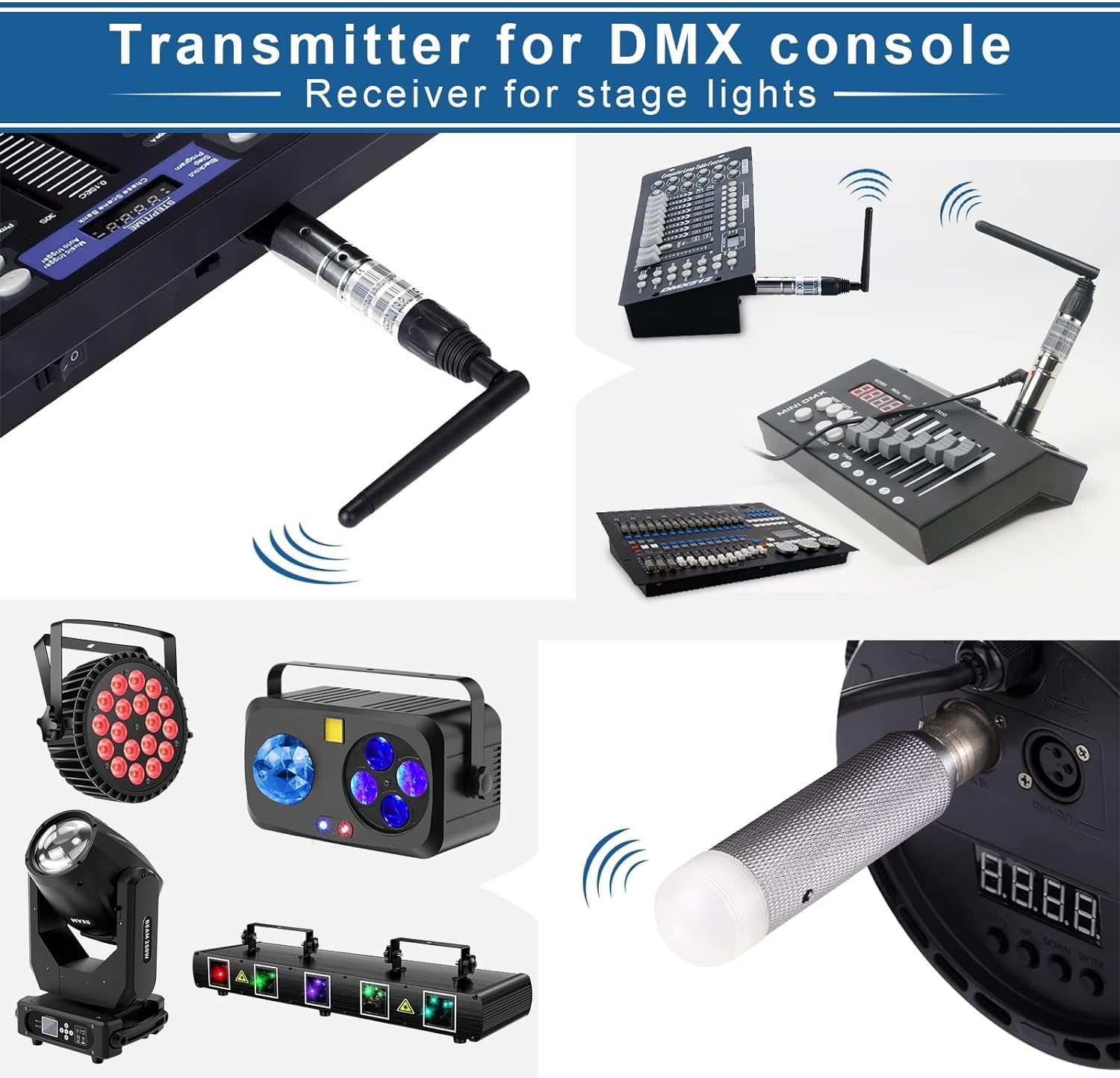 Contrôleur DMX sans fil, émetteur/récepteur sans fil DMX512 Contrôleur d'éclairage LED, rechargeable pour utilisation avec discothèque Partylight Moving Head